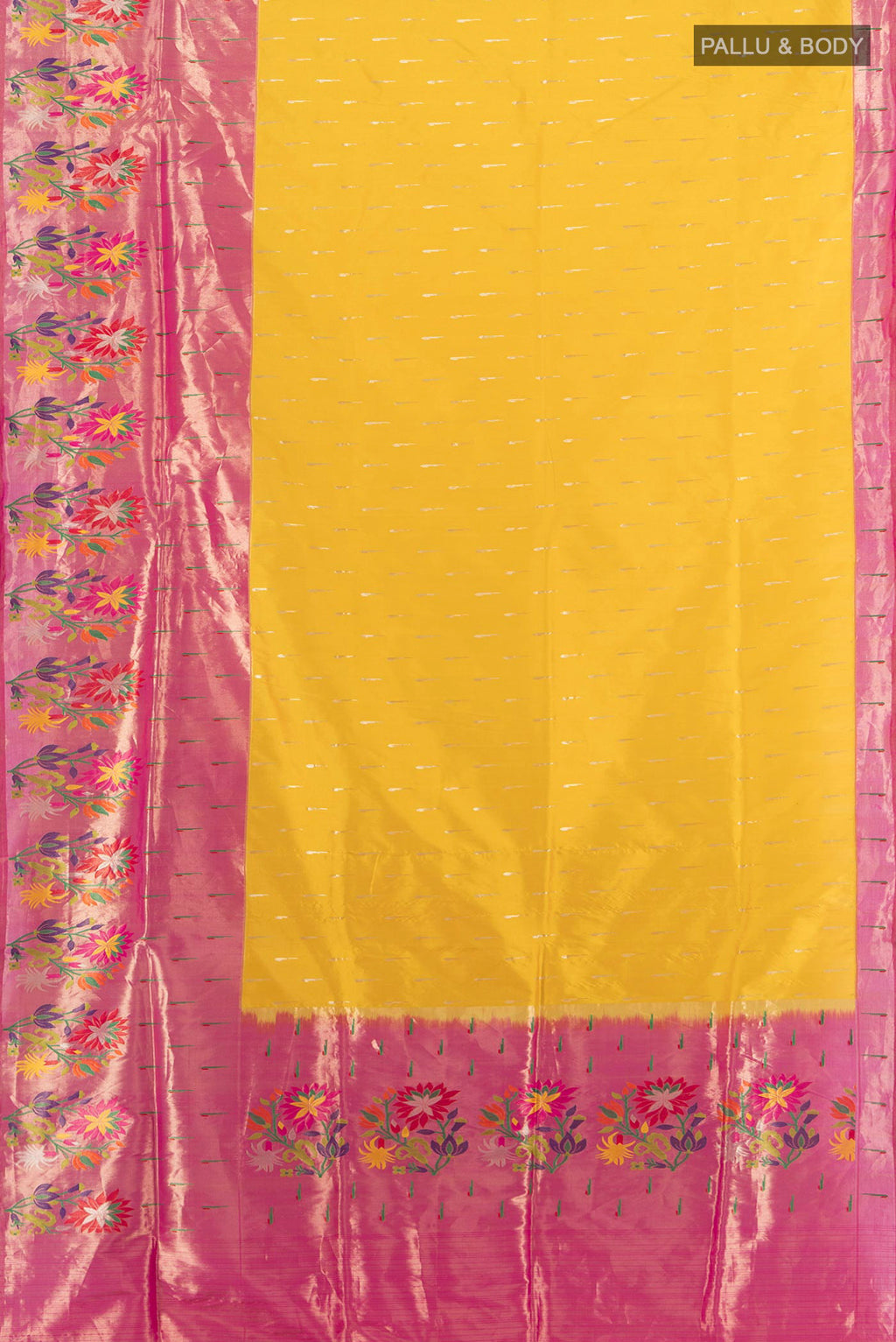 Flat view of Pure Silk Yellow Banarasi Saree with Zari Butta on the body and Fancy Border. 