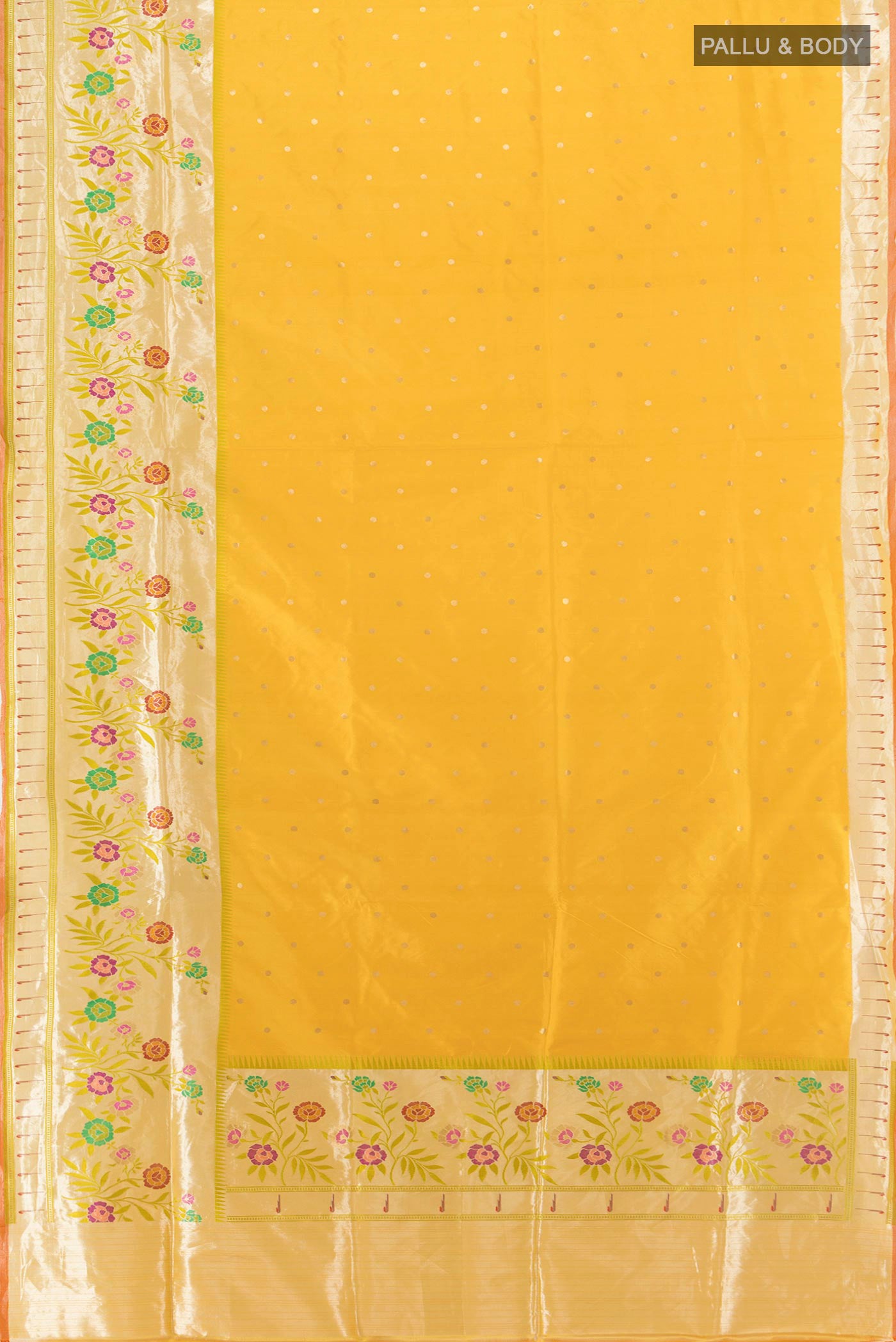 Flat view of Yellow Banarasi Silk Saree with Zari Butta on the body and Zari Border. 