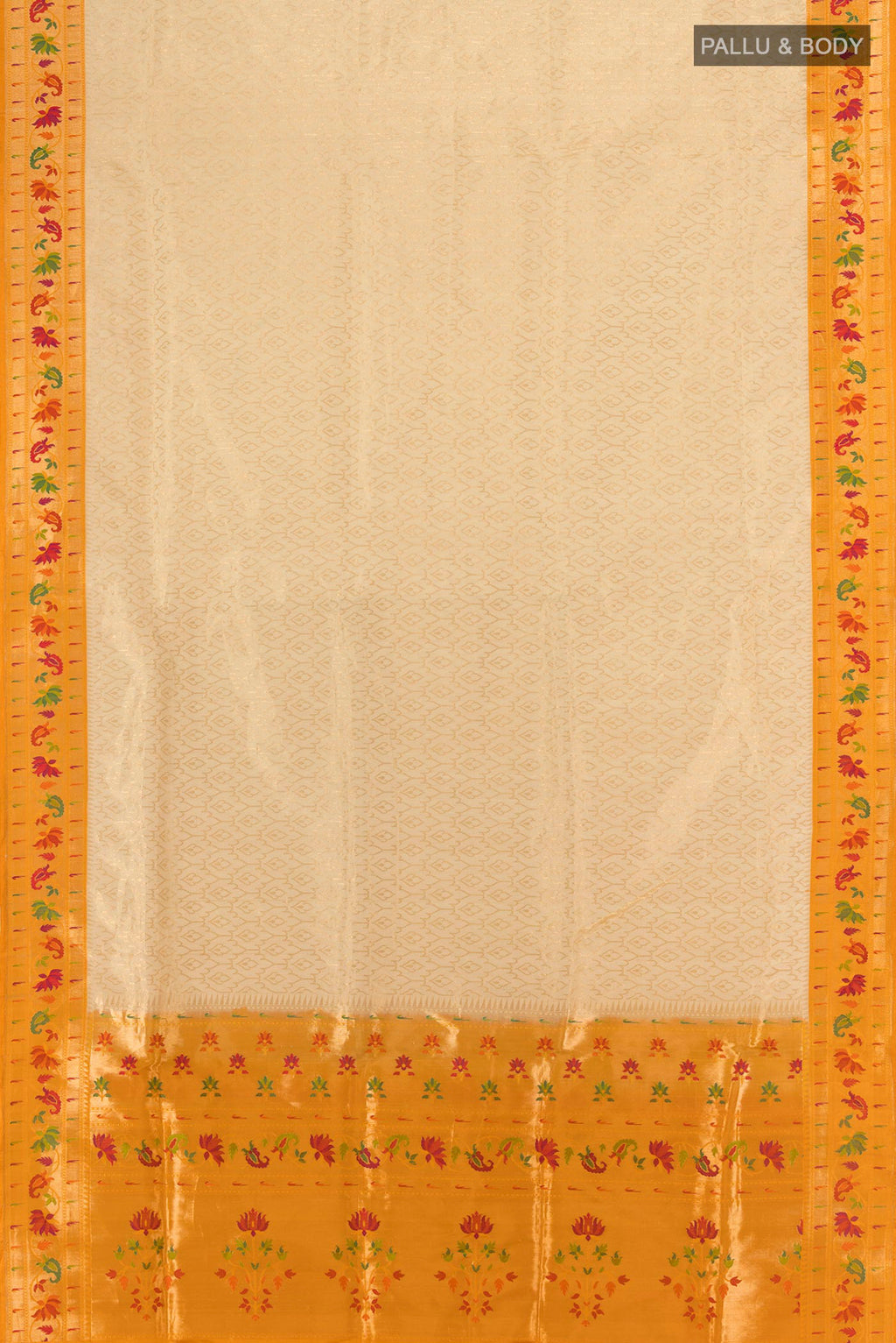 Flat view of Cream Banarasi Silk Saree with Zari Brocade on the body and Paithani Border. 