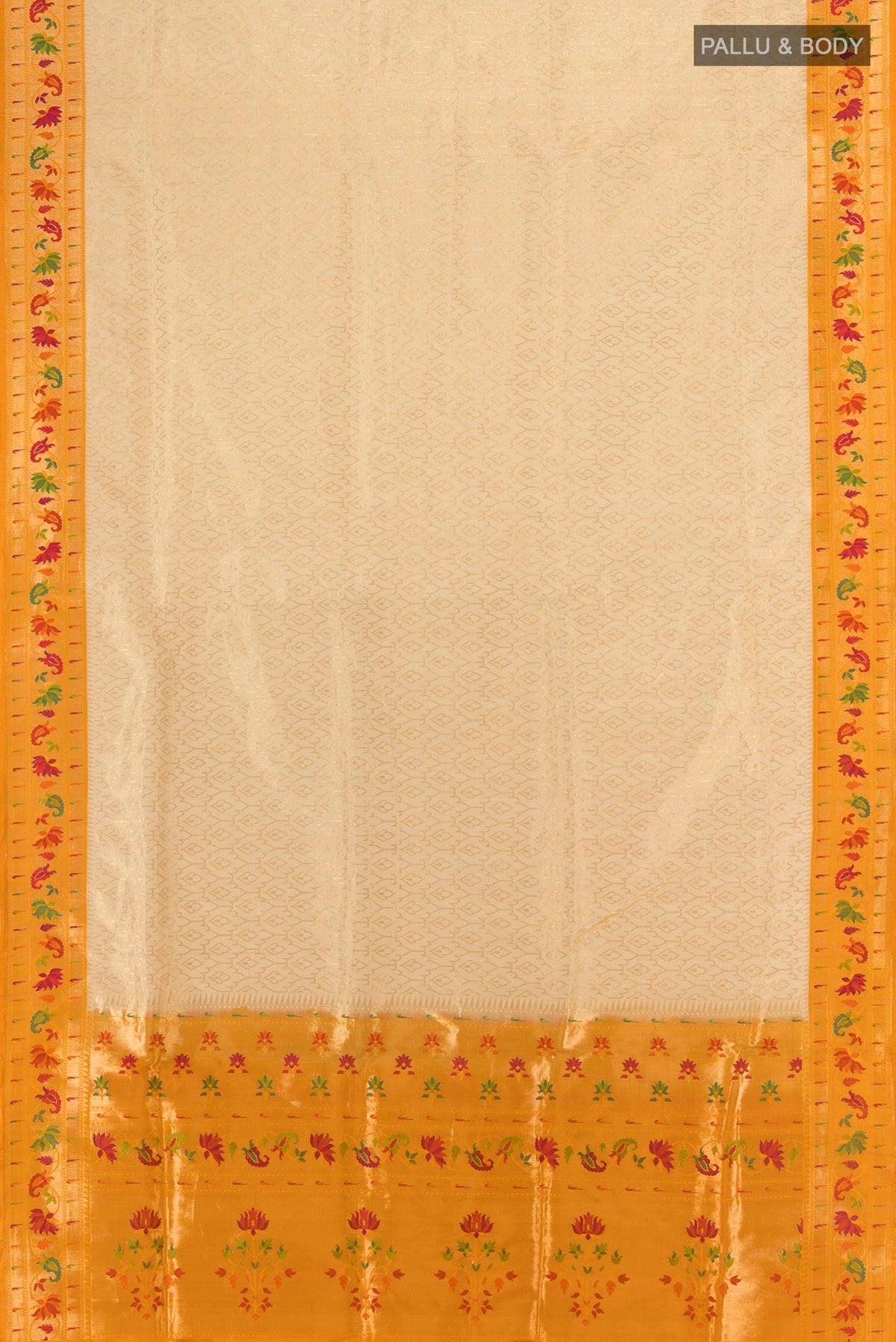 Flat view of Cream Banarasi Silk Saree with Zari Brocade on the body and Paithani Border. 