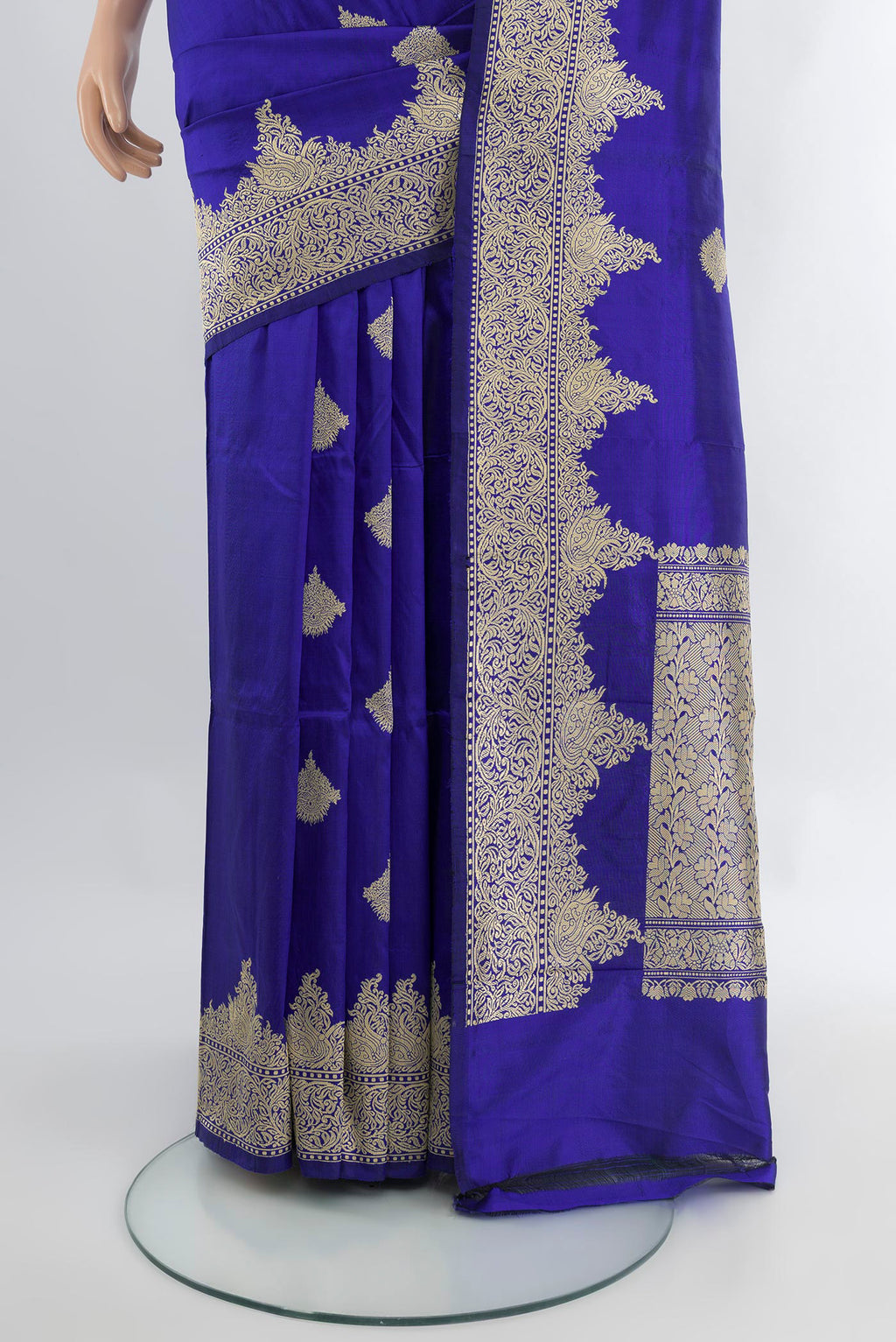 Pleats and pallu of Royal Blue Banarasi Katan Silk Saree with Zari Butta on the body and Fancy Border. 