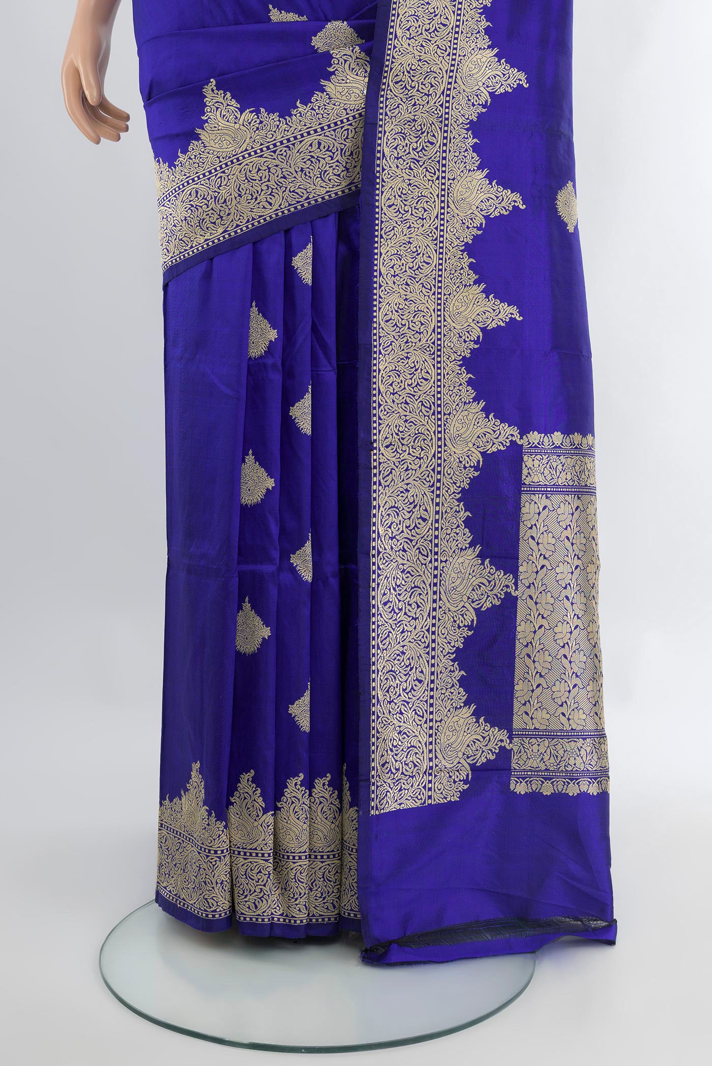 Pleats and pallu of Royal Blue Banarasi Katan Silk Saree with Zari Butta on the body and Fancy Border. 