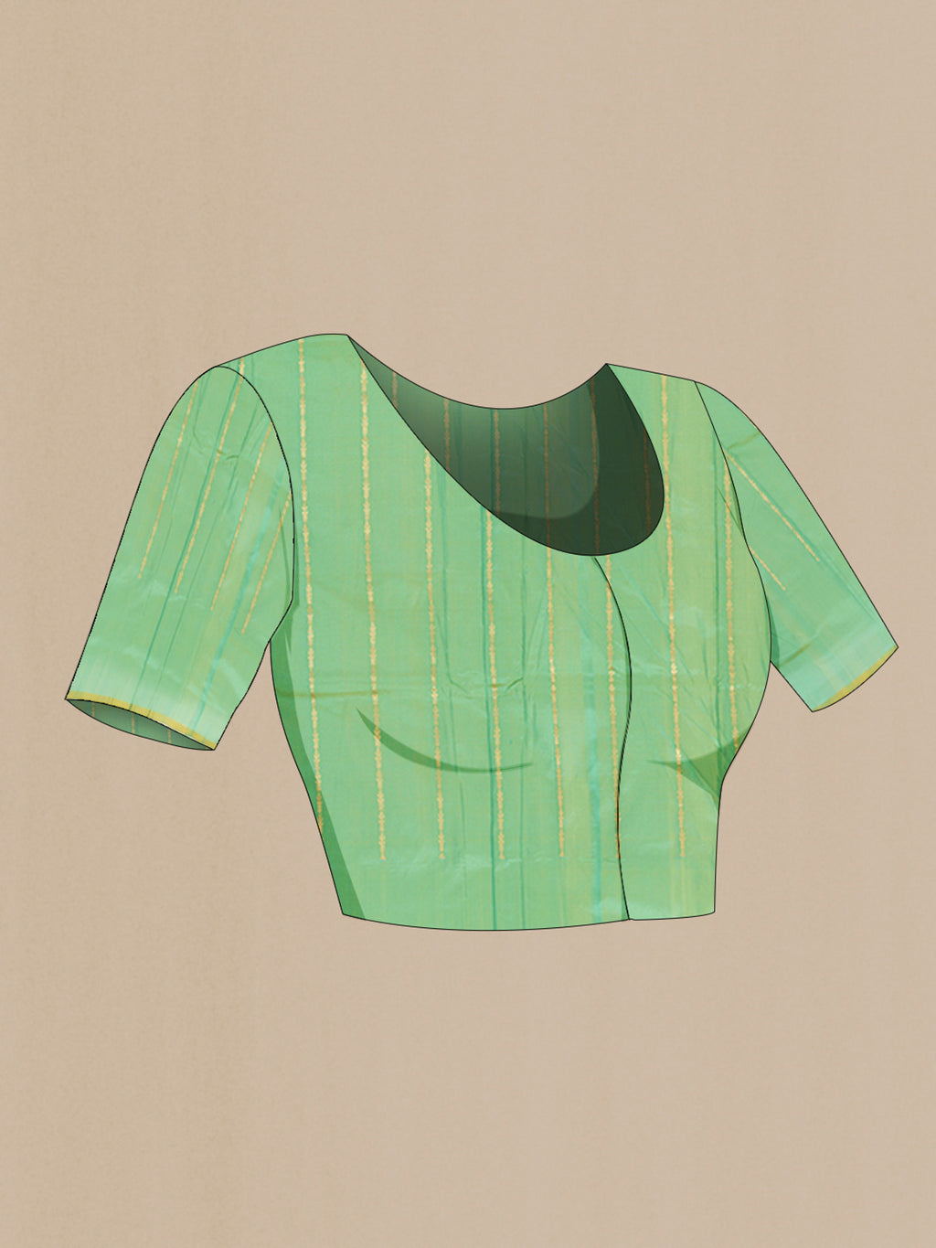 Close up image of the blouse of Green Banarasi Katan Silk Saree with Zari Butta on the body and Zari Border. 