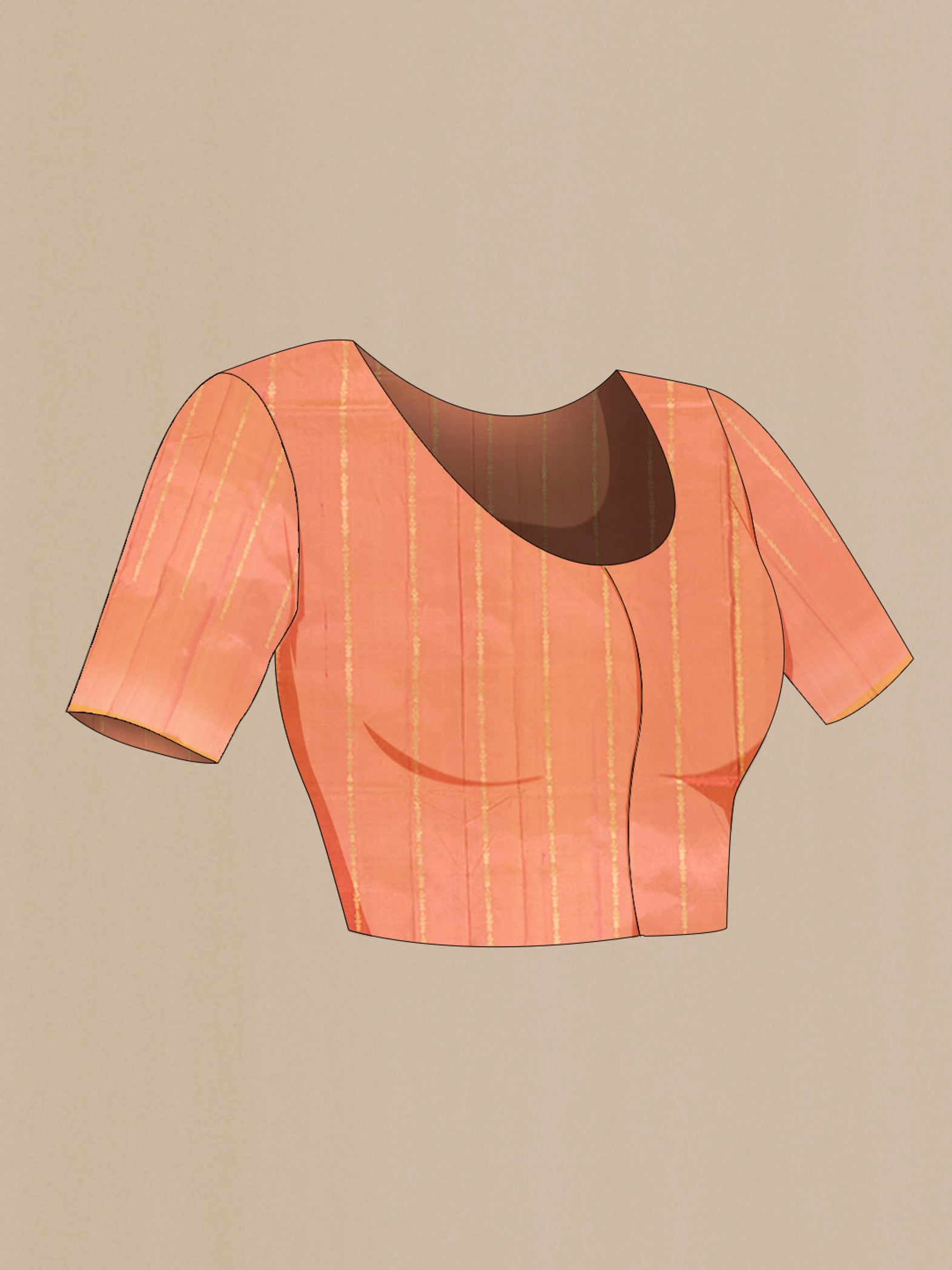 Close up image of the blouse of Peach Banarasi Katan Silk Saree with Zari Butta on the body and Zari Border. 