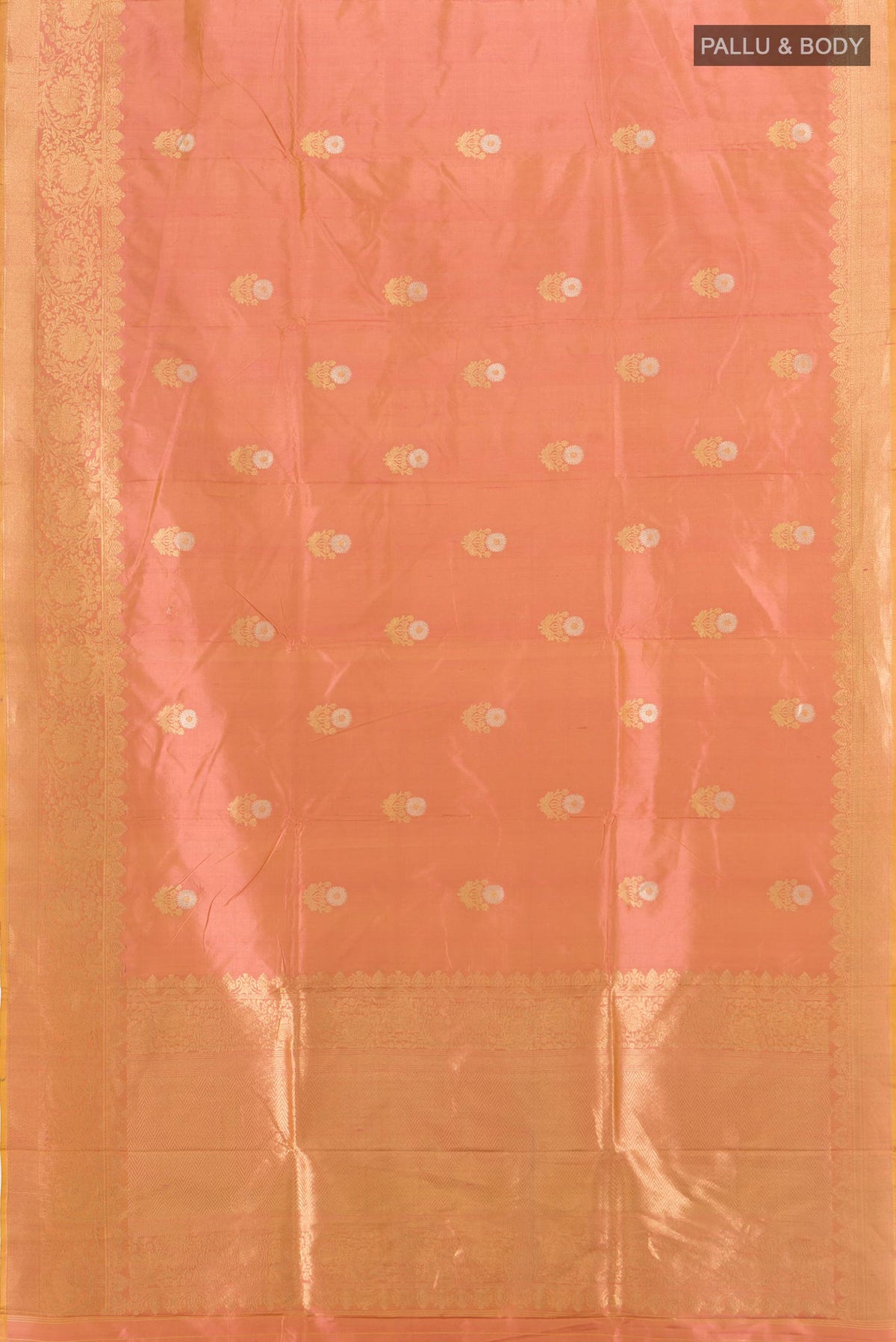 Flat view of Peach Banarasi Katan Silk Saree with Zari Butta on the body and Zari Border. 