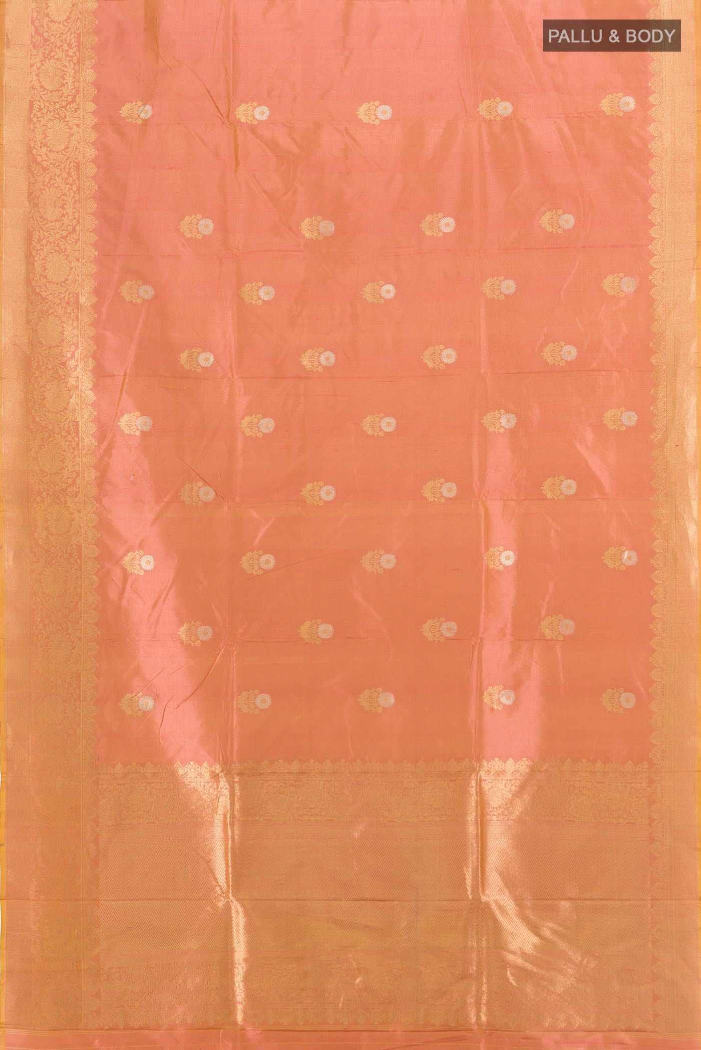 Flat view of Peach Banarasi Katan Silk Saree with Zari Butta on the body and Zari Border. 