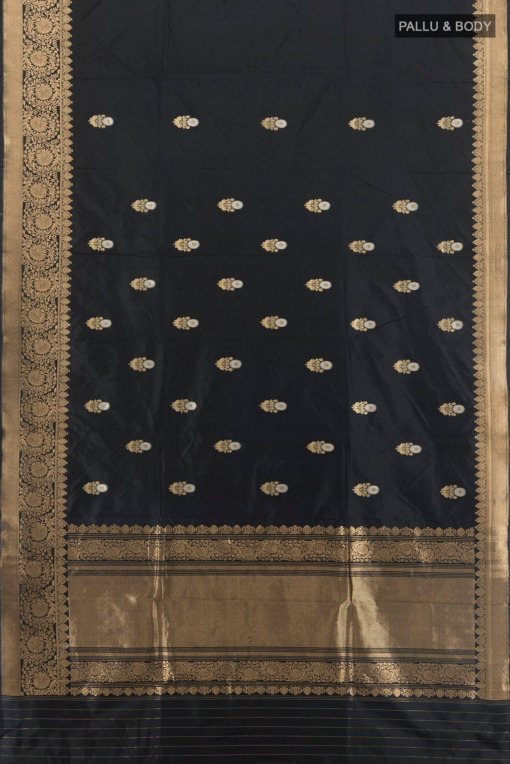 Flat view of Pure Silk Black Banarasi Katan Saree with Zari Butta on the body and Zari Border. 
