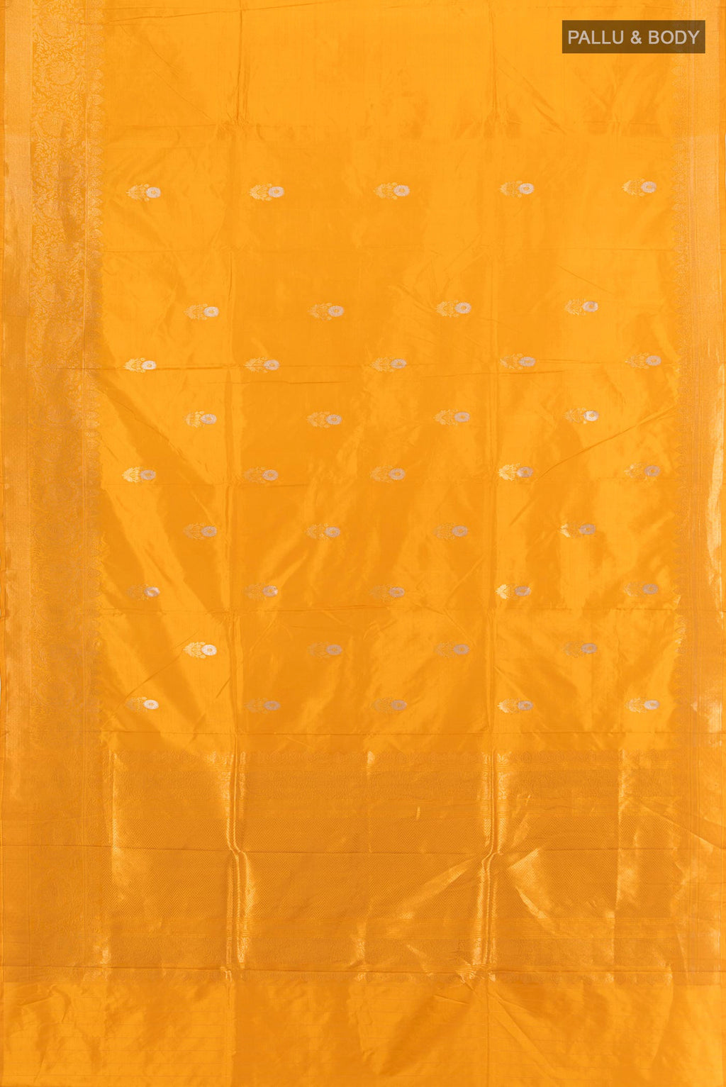 Flat view of Yellow Banarasi Katan Silk Saree with Zari Butta on the body and Zari Border. 