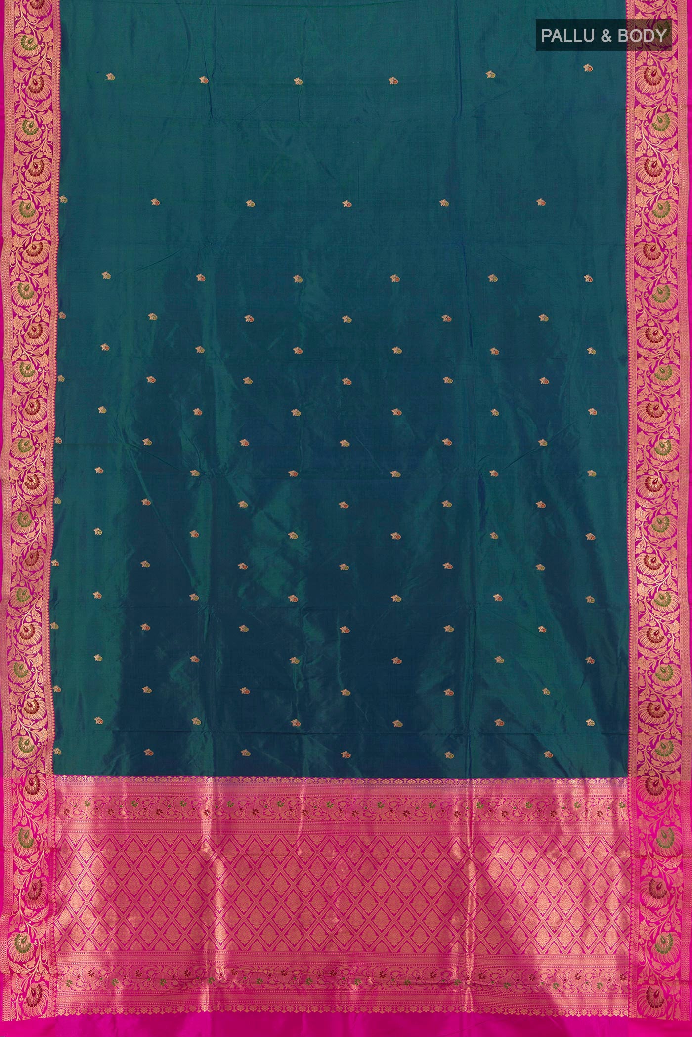 Flat view of Peacock Blue Banarasi Katan Silk Saree with Zari Butta on the body and Zari Border. 