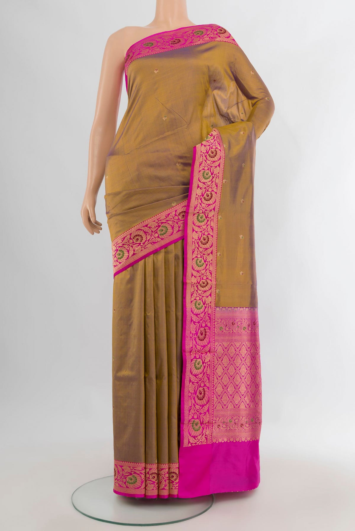 Pure Silk Brown Banarasi Katan Saree with Zari Butta on the body and Zari Border.  displayed on a mannequin