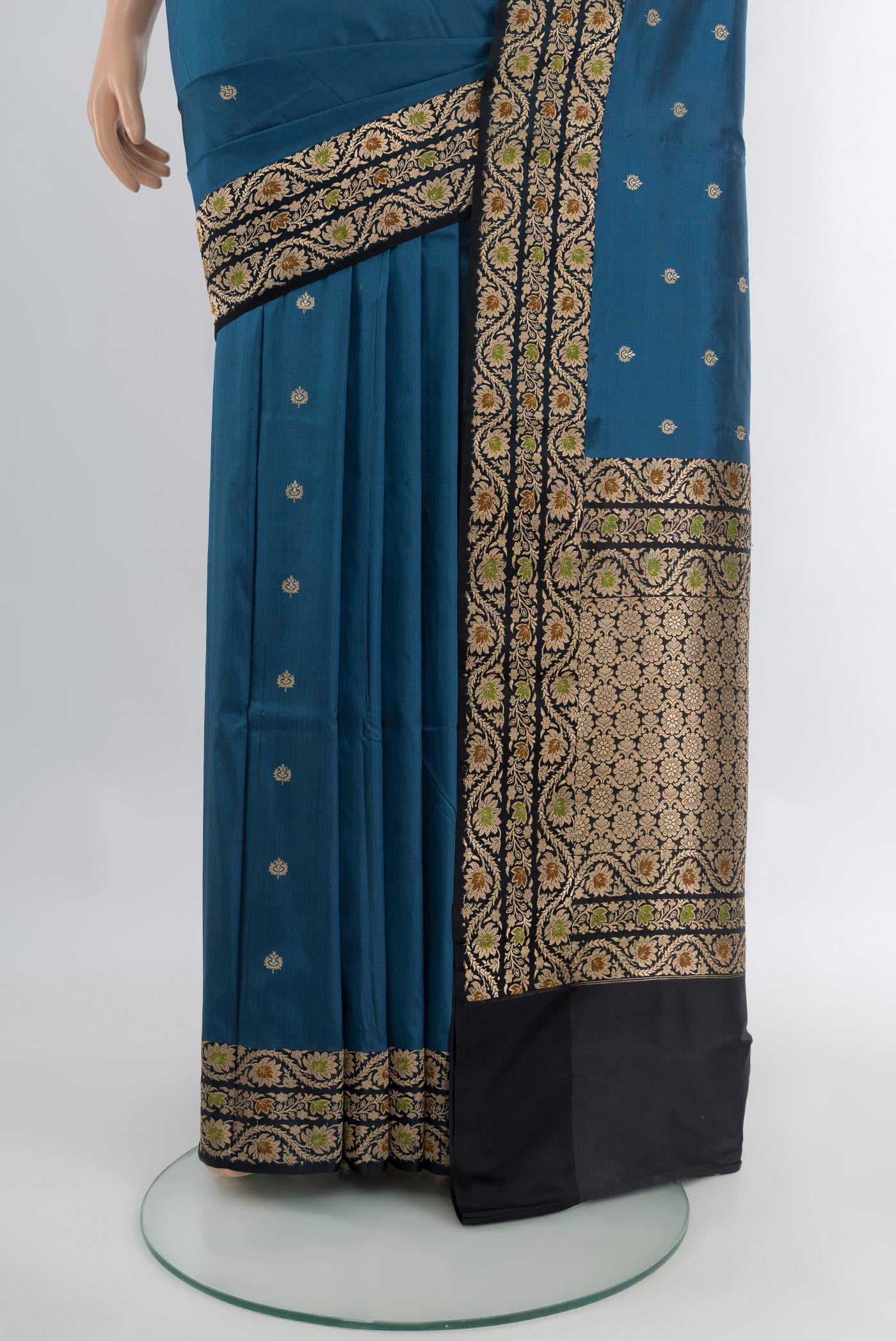 Pleats and pallu of Dark Blue Banarasi Katan Silk Saree with Zari Butta on the body and Zari Border. 