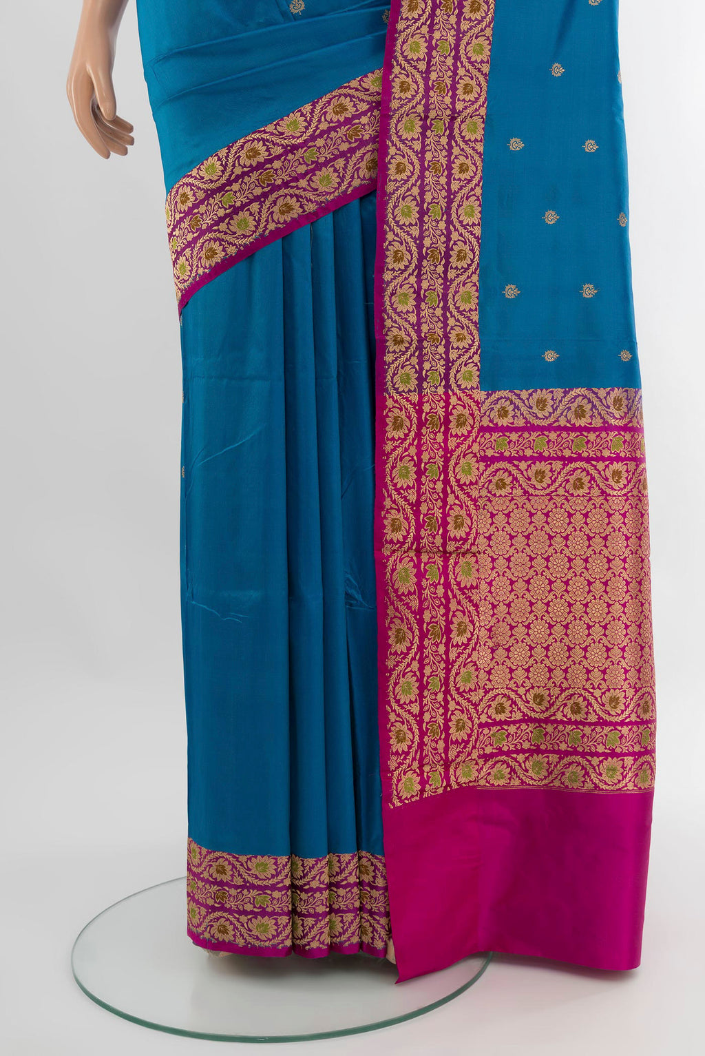 Pleats and pallu of Blue Banarasi Katan Silk Saree with Zari Butta on the body and Zari Border. 
