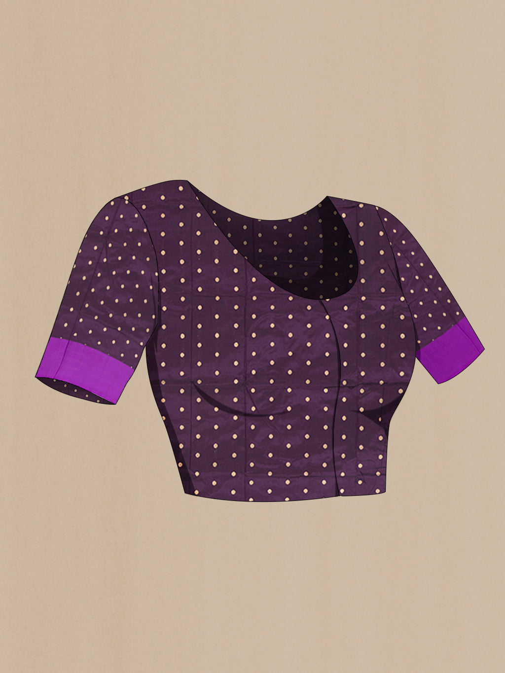 Close up image of the blouse of Violet Banarasi Katan Silk Saree with Zari Butta on the body and Zari Border. 
