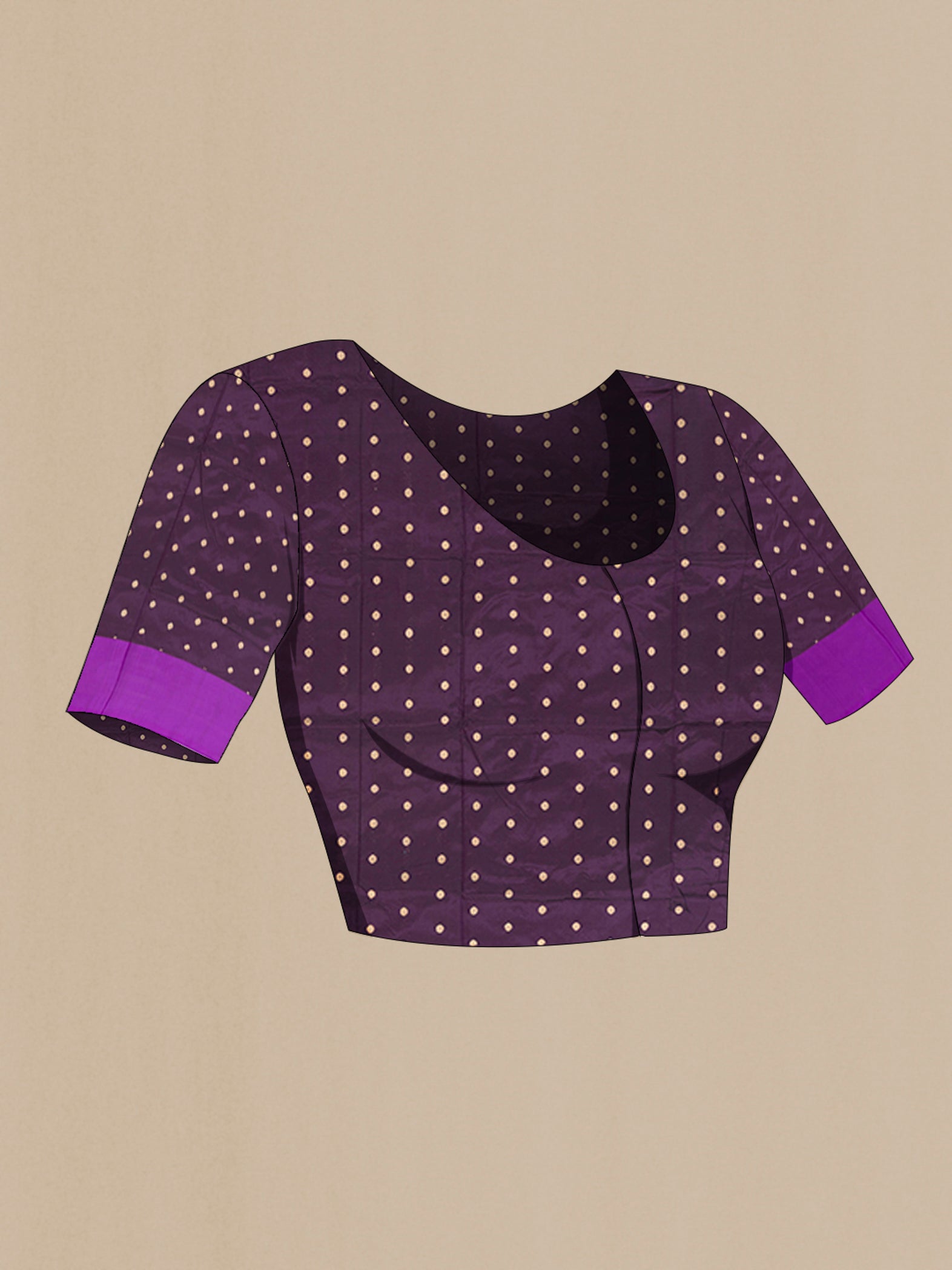Close up image of the blouse of Violet Banarasi Katan Silk Saree with Zari Butta on the body and Zari Border. 