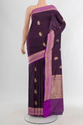 Violet Banarasi Katan Silk Saree with Zari Butta on the body and Zari Border.  displayed on a mannequin