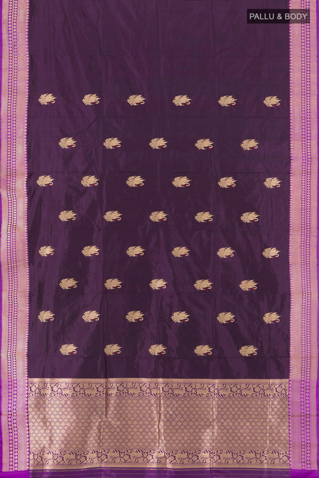 Flat view of Violet Banarasi Katan Silk Saree with Zari Butta on the body and Zari Border. 