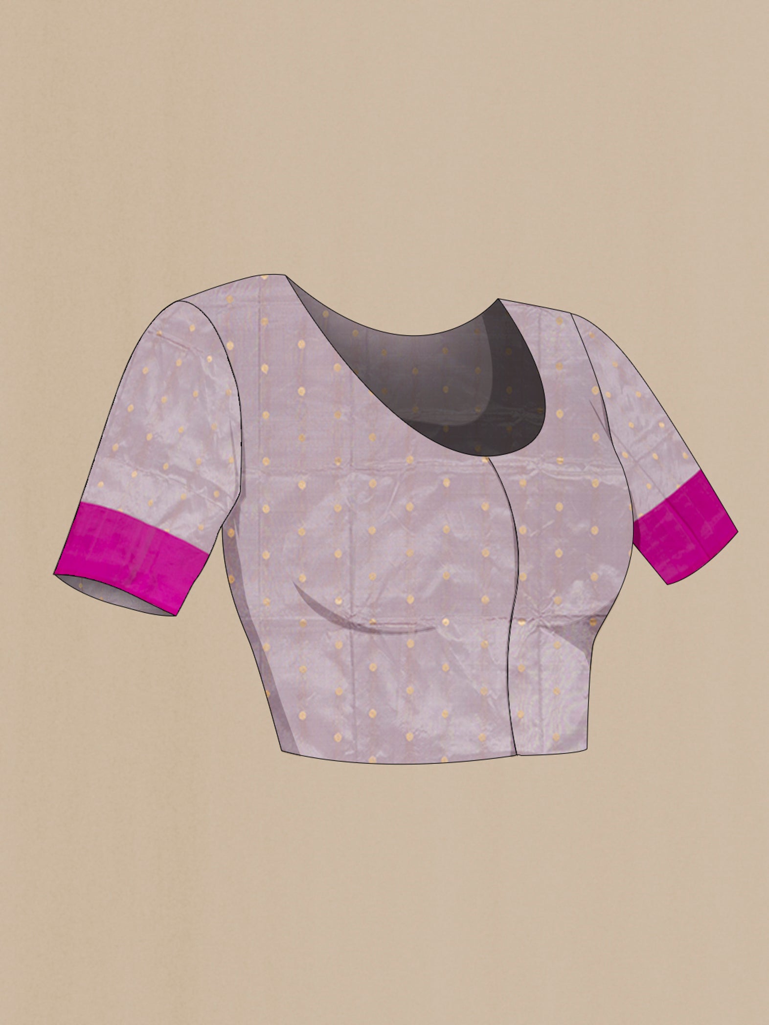 Close up image of the blouse of Lilac Banarasi Katan Silk Saree with Zari Butta on the body and Zari Border. 