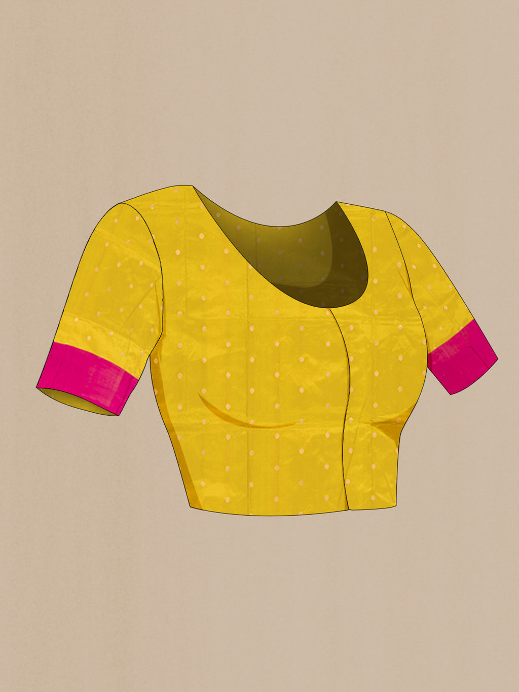 Close up image of the blouse of Acid Green Banarasi Katan Silk Saree with Zari Butta on the body and Zari Border. 