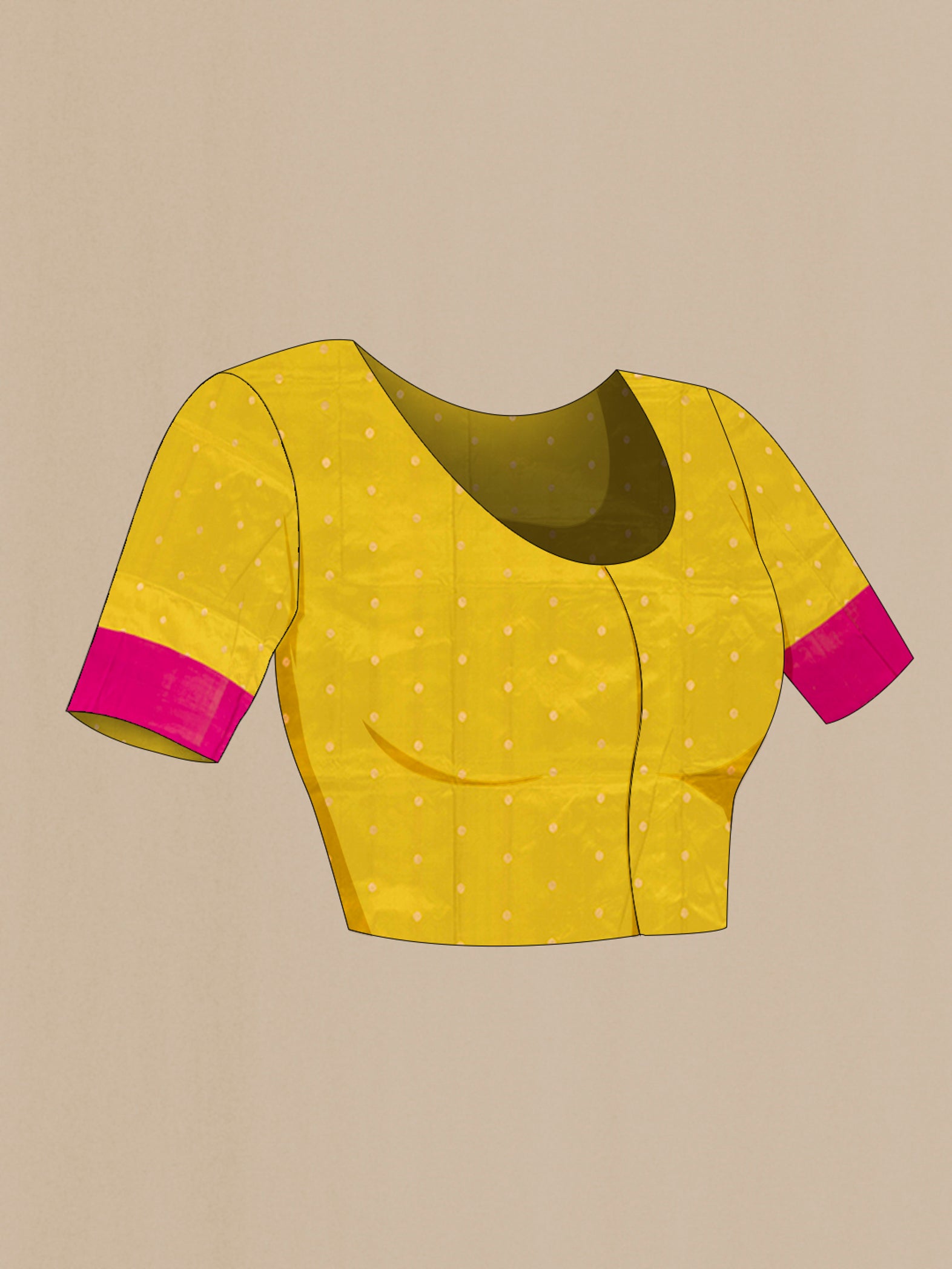 Close up image of the blouse of Acid Green Banarasi Katan Silk Saree with Zari Butta on the body and Zari Border. 