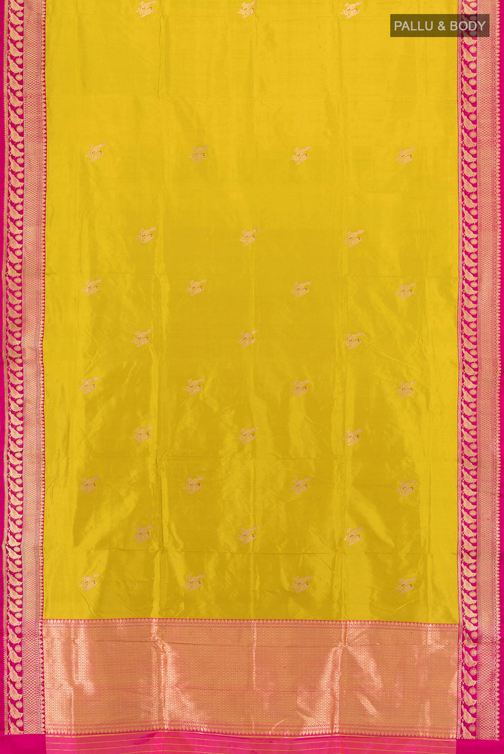 Flat view of Acid Green Banarasi Katan Silk Saree with Zari Butta on the body and Zari Border. 