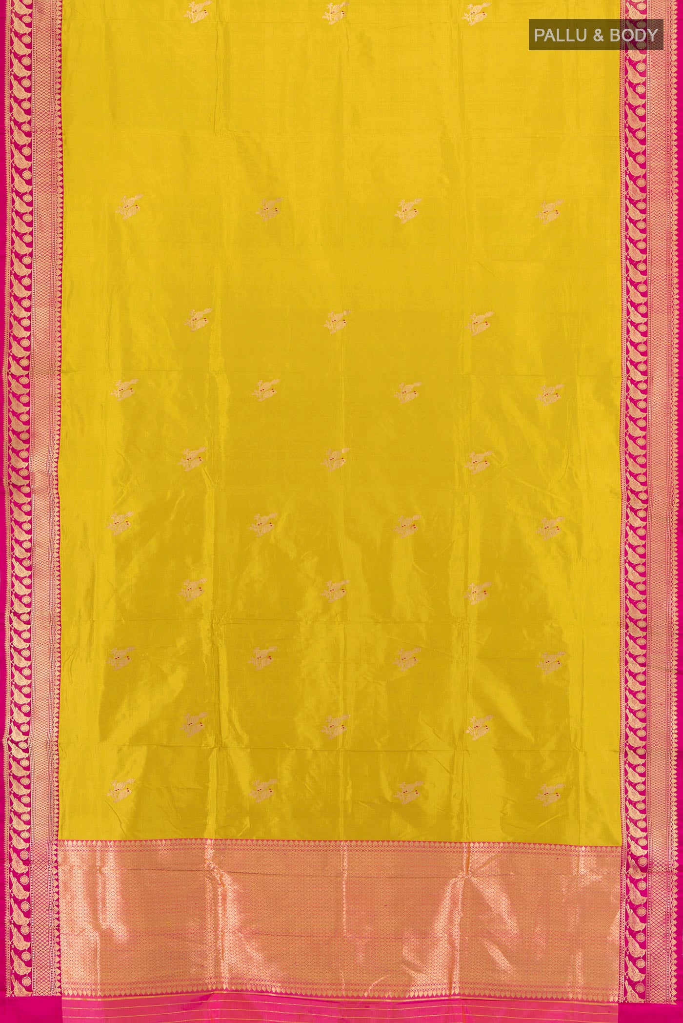 Flat view of Acid Green Banarasi Katan Silk Saree with Zari Butta on the body and Zari Border. 