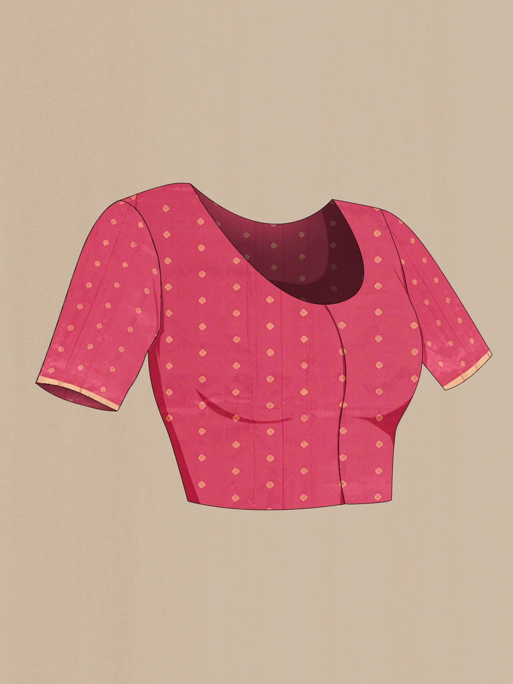 Close up image of the blouse of Rose pink Banarasi Katan Silk Saree with Zari Butta on the body and Zari Border. 
