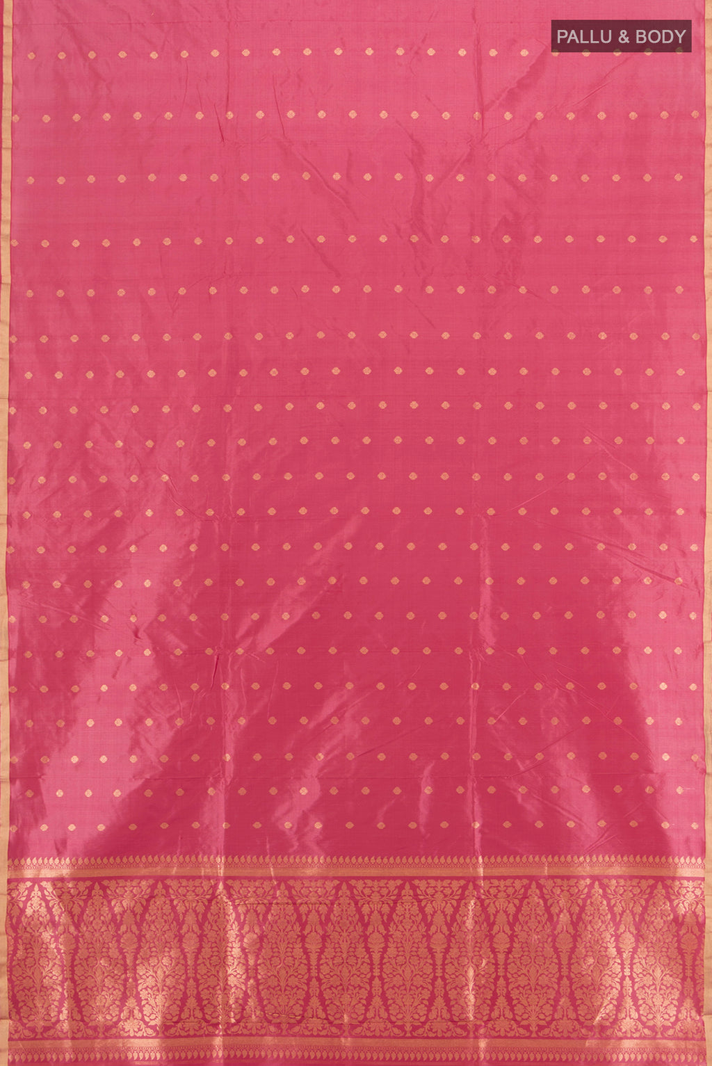 Flat view of Rose pink Banarasi Katan Silk Saree with Zari Butta on the body and Zari Border. 