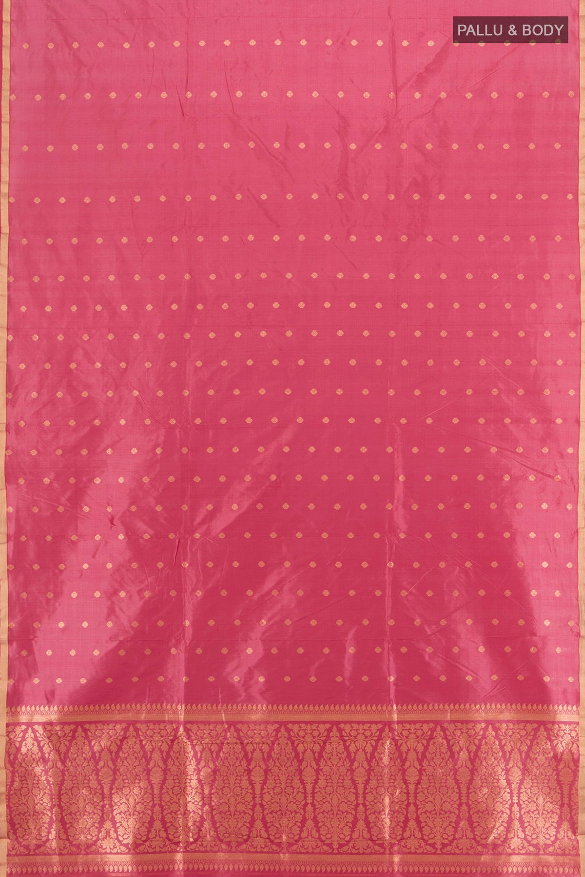 Flat view of Rose pink Banarasi Katan Silk Saree with Zari Butta on the body and Zari Border. 