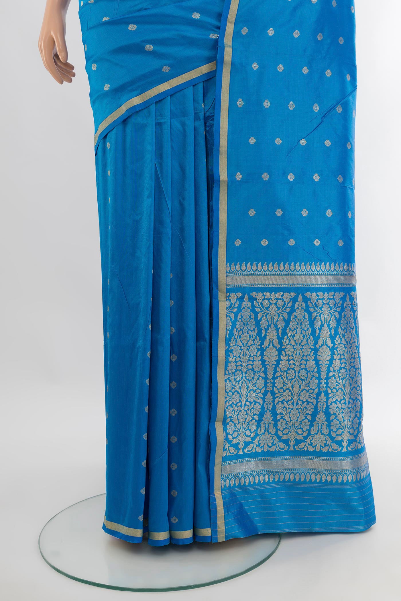 Pleats and pallu of Sky Blue Banarasi Katan Silk Saree with Zari Butta on the body and Zari Border. 