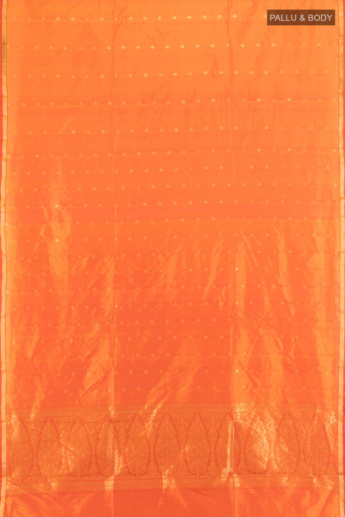 Flat view of Yellow Banarasi Katan Silk Saree with Zari Butta on the body and Zari Border. 