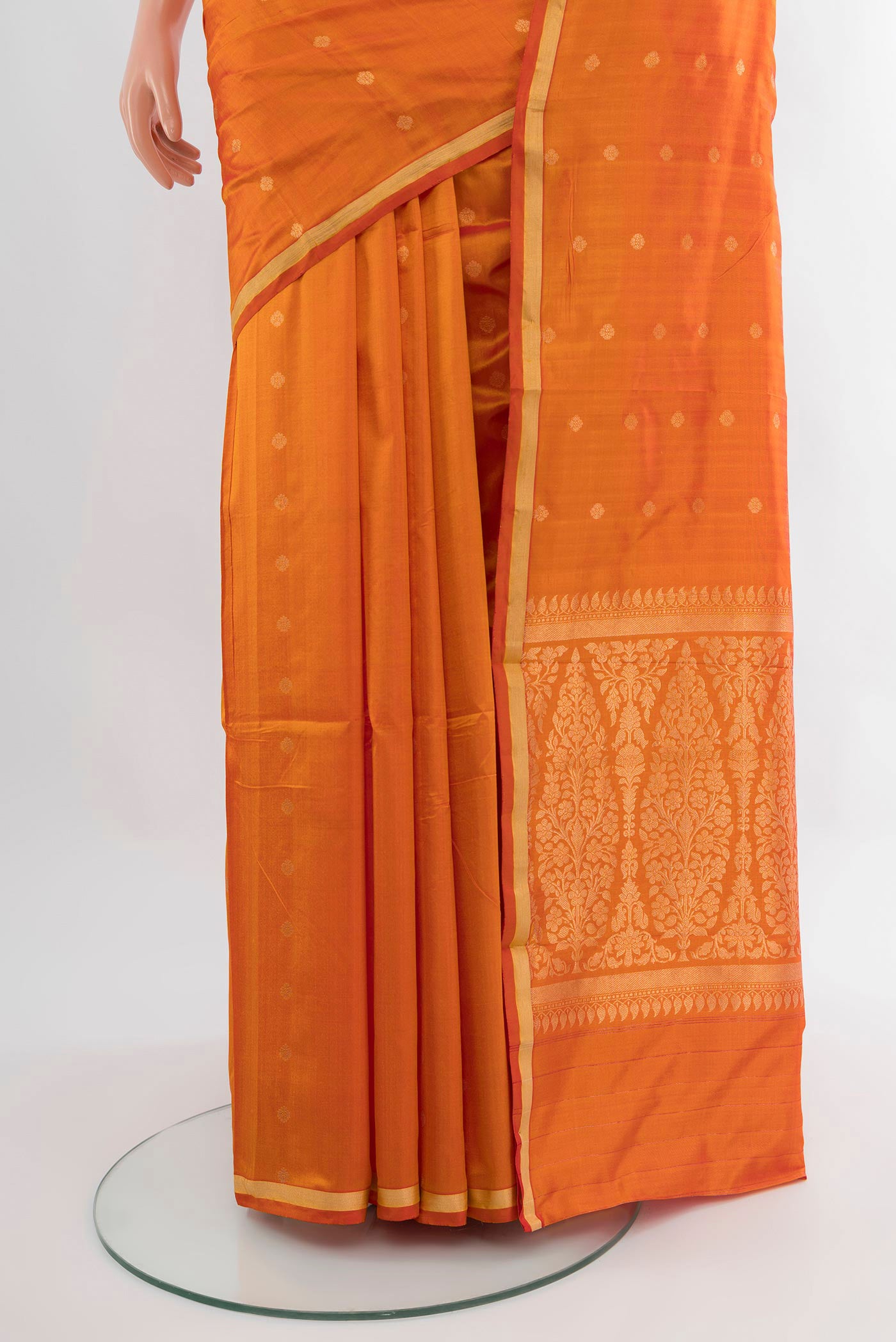 Pleats and pallu of Yellow Banarasi Katan Silk Saree with Zari Butta on the body and Zari Border. 
