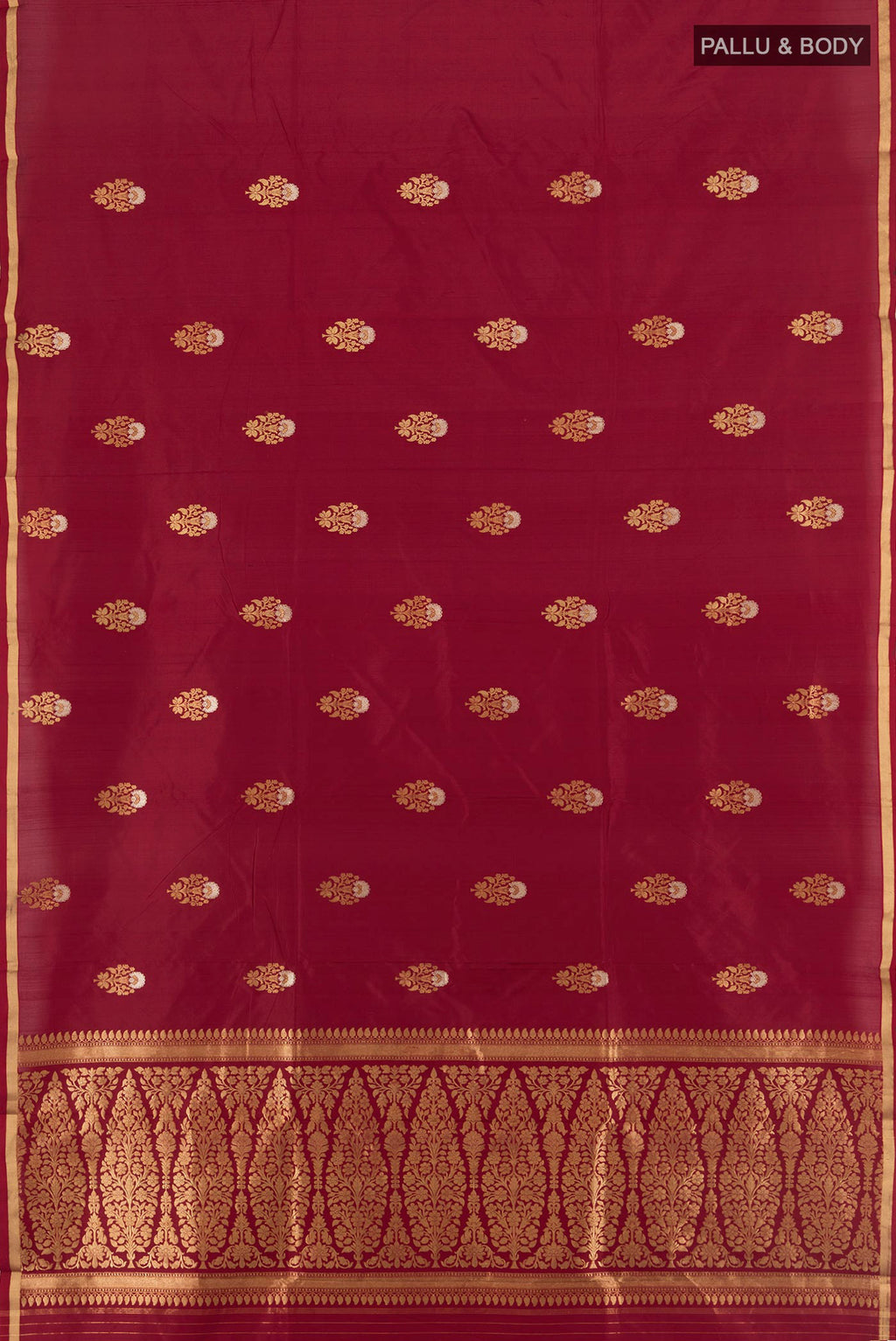 Flat view of Maroon Banarasi Katan Silk Saree with Zari Butta on the body and Zari Border. 