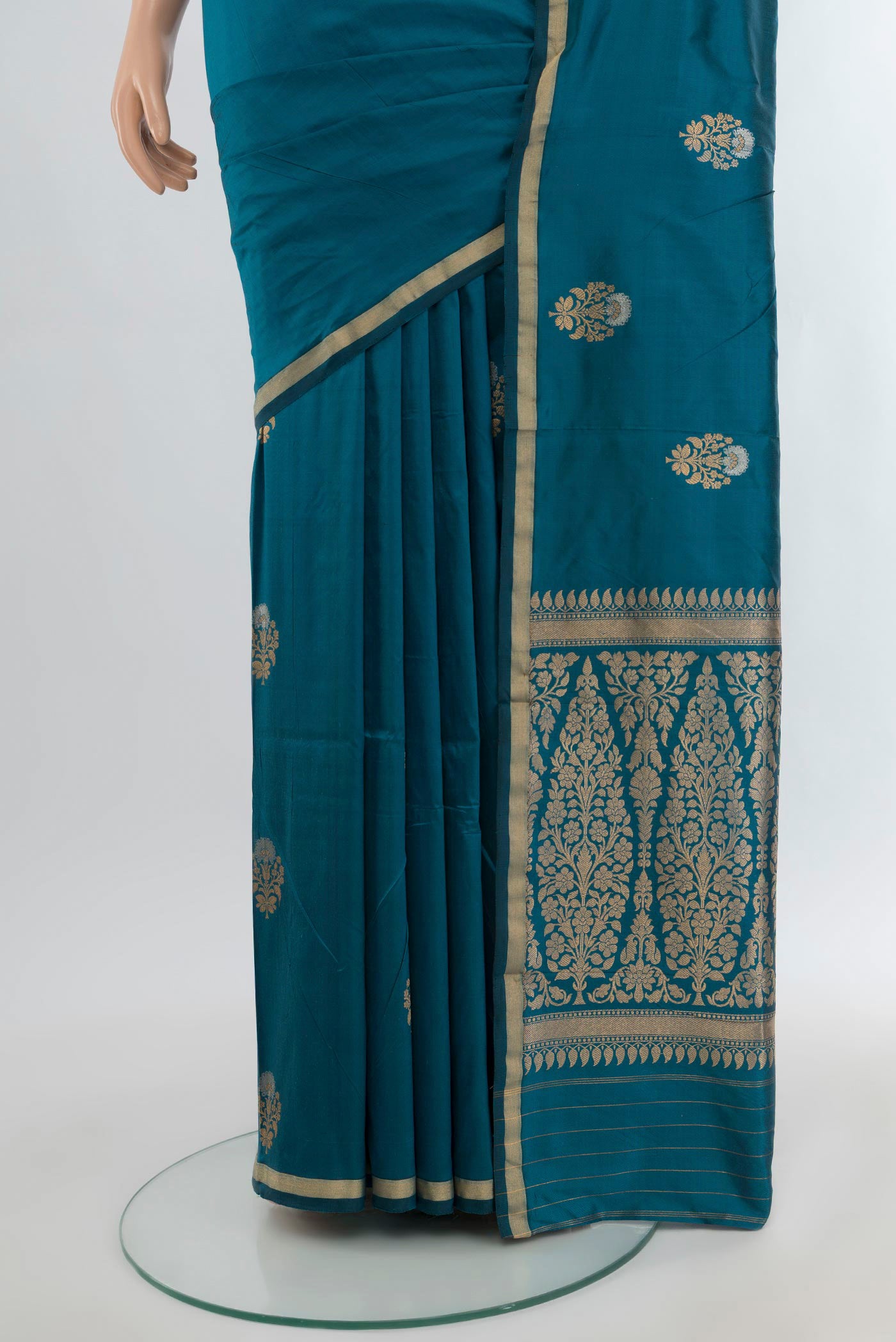 Pleats and pallu of Blue Banarasi Katan Silk Saree with Zari Butta on the body and Zari Border. 