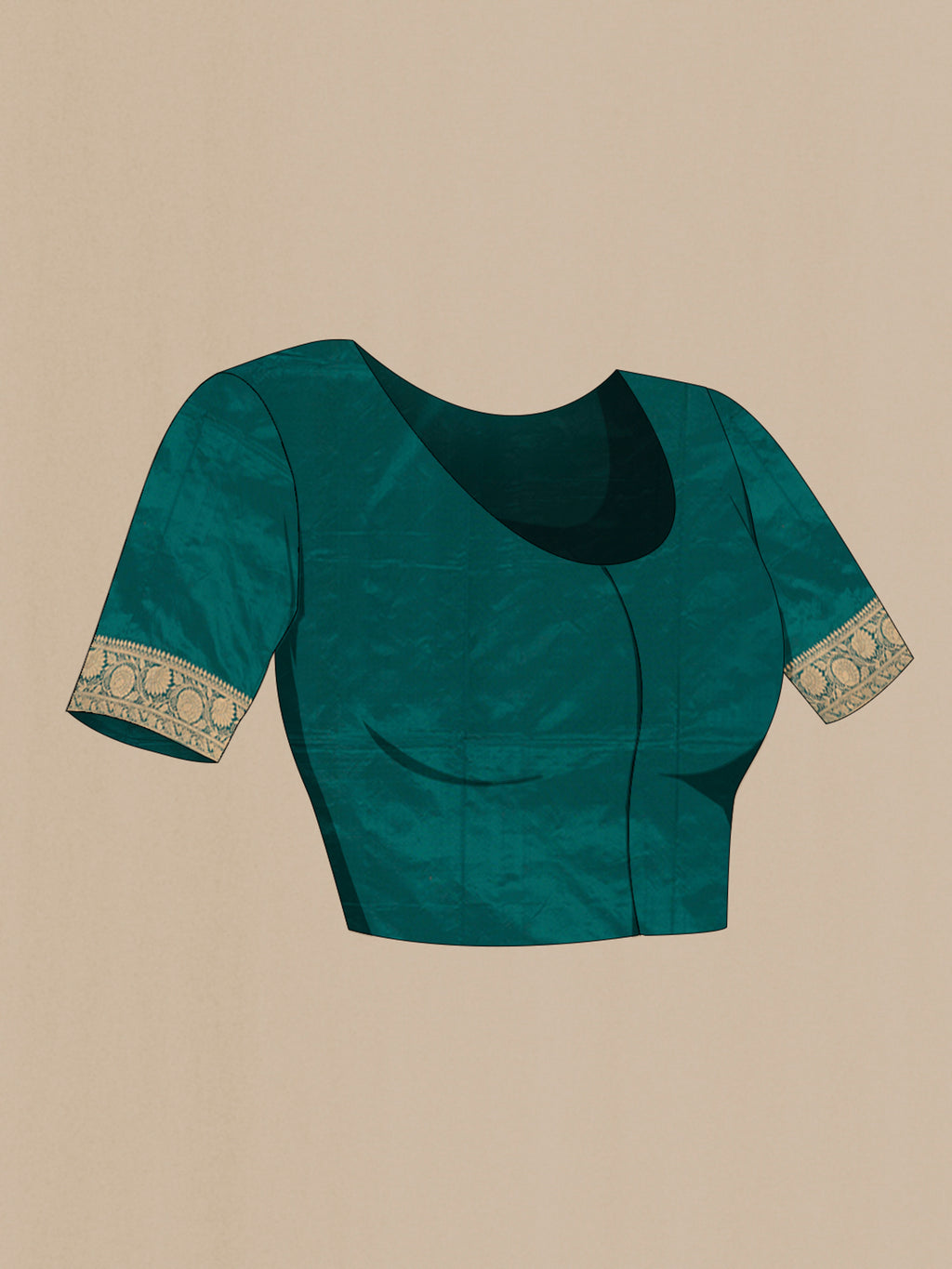 Close up image of the blouse of Teal Banarasi Katan Silk Saree with Zari Butta on the body and Zari Border. 