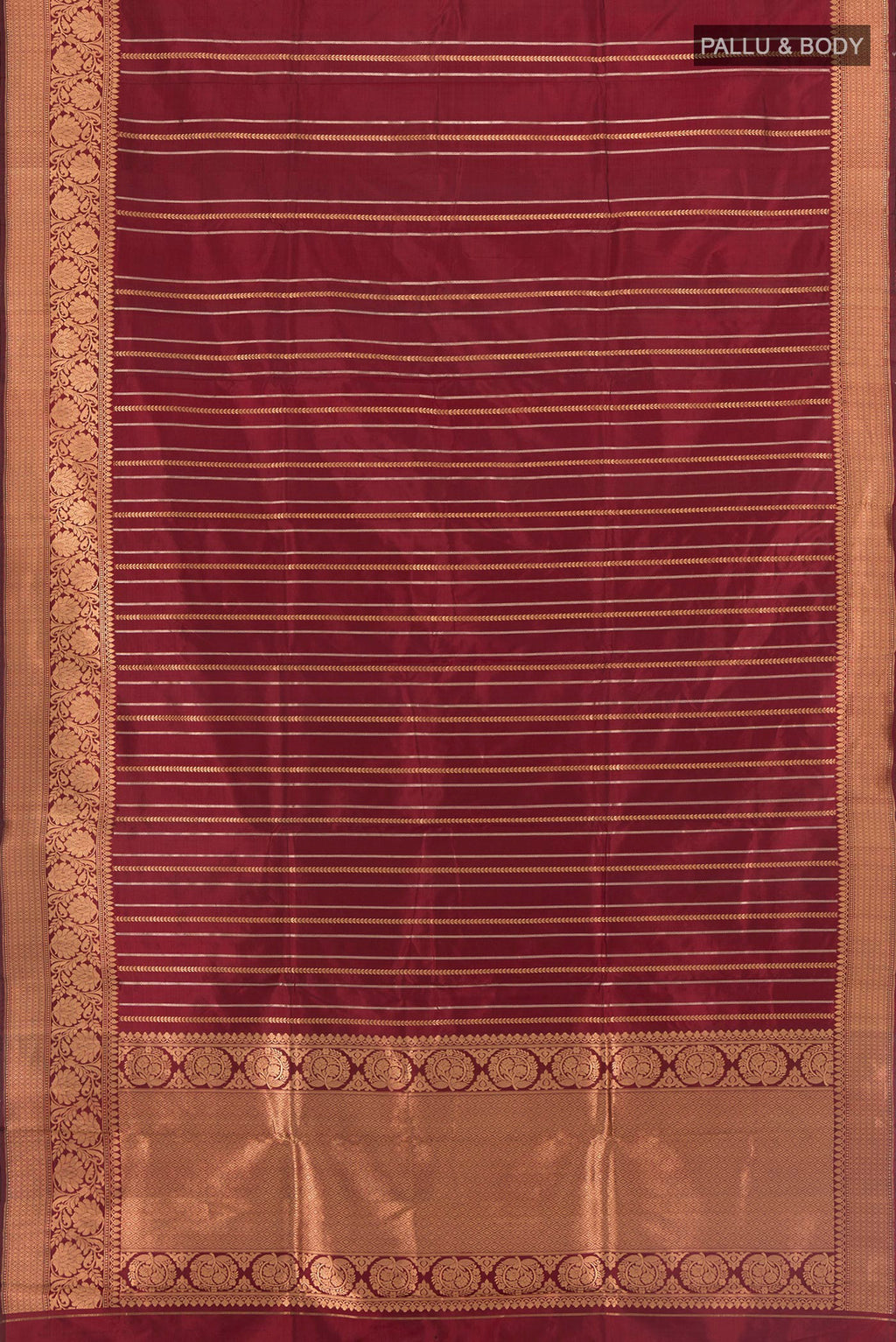 Flat view of Maroon Banarasi Katan Silk Saree with Stripes on the body and Zari Border. 