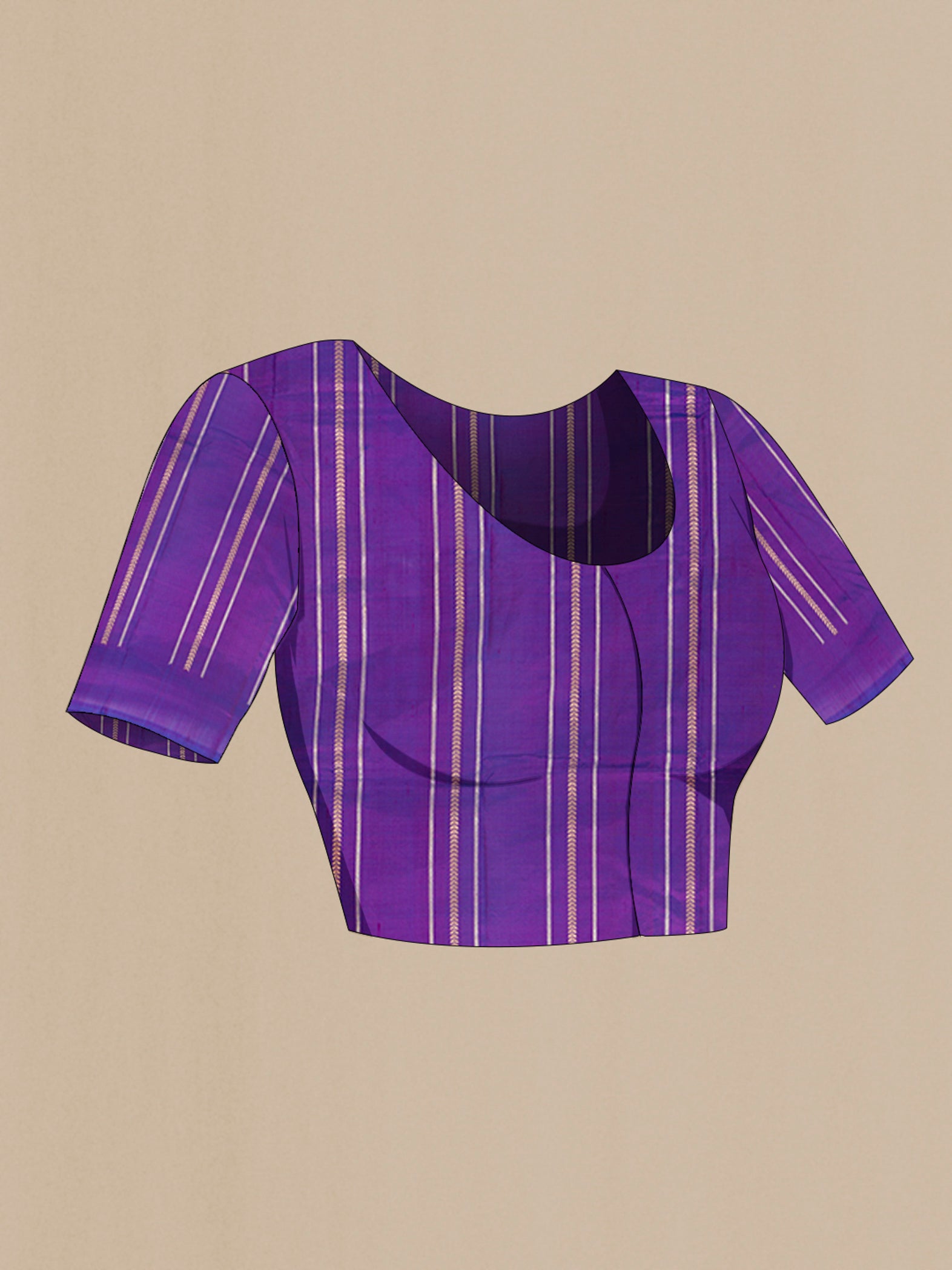Close up image of the blouse of Purple Banarasi Katan Silk Saree with Stripes on the body and Zari Border. 