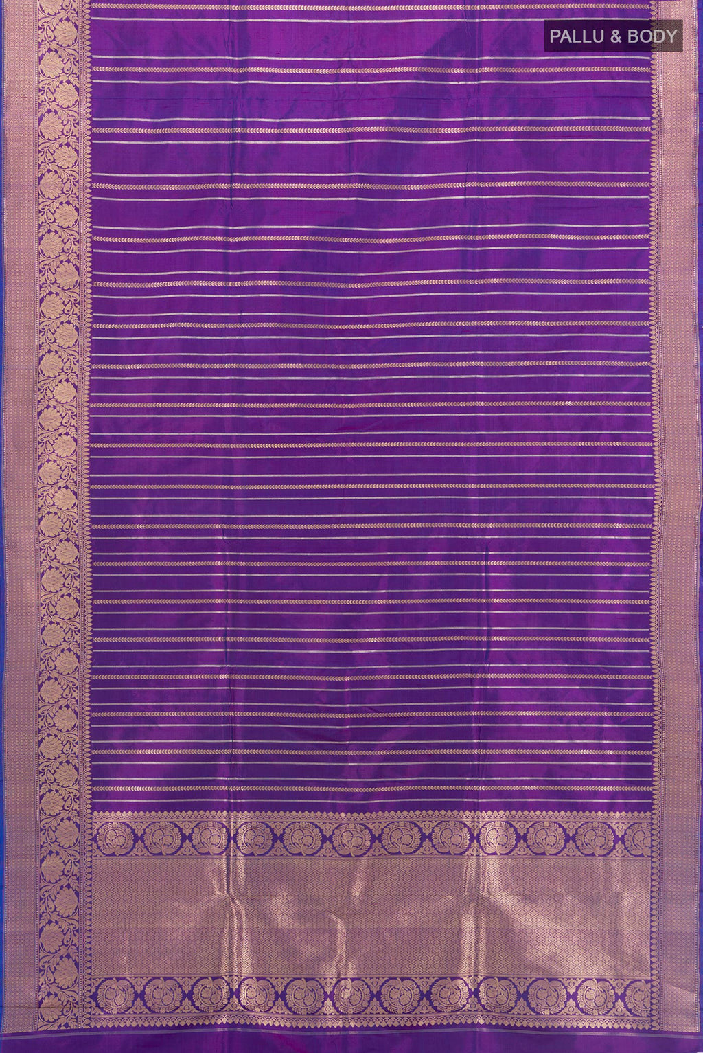 Flat view of Purple Banarasi Katan Silk Saree with Stripes on the body and Zari Border. 