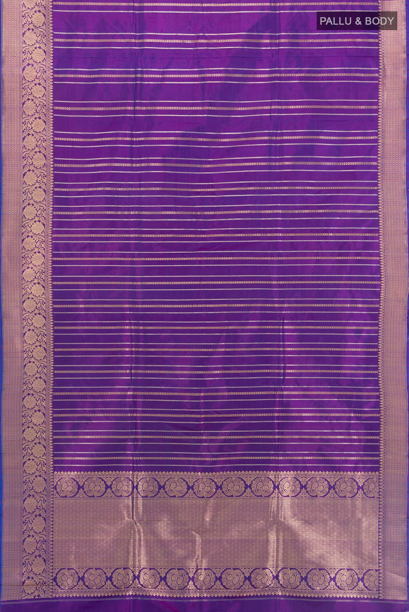 Flat view of Purple Banarasi Katan Silk Saree with Stripes on the body and Zari Border. 