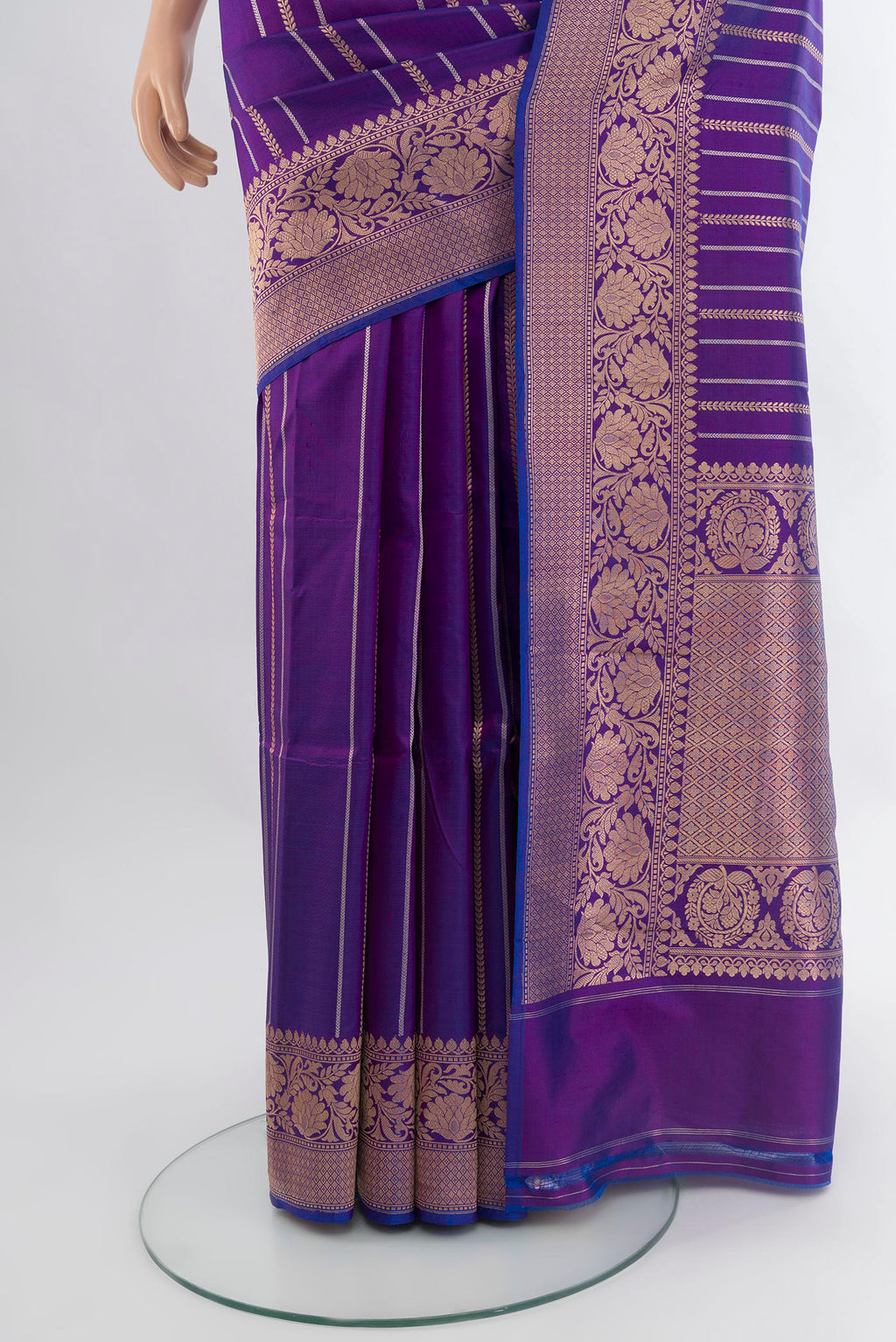Pleats and pallu of Purple Banarasi Katan Silk Saree with Stripes on the body and Zari Border. 