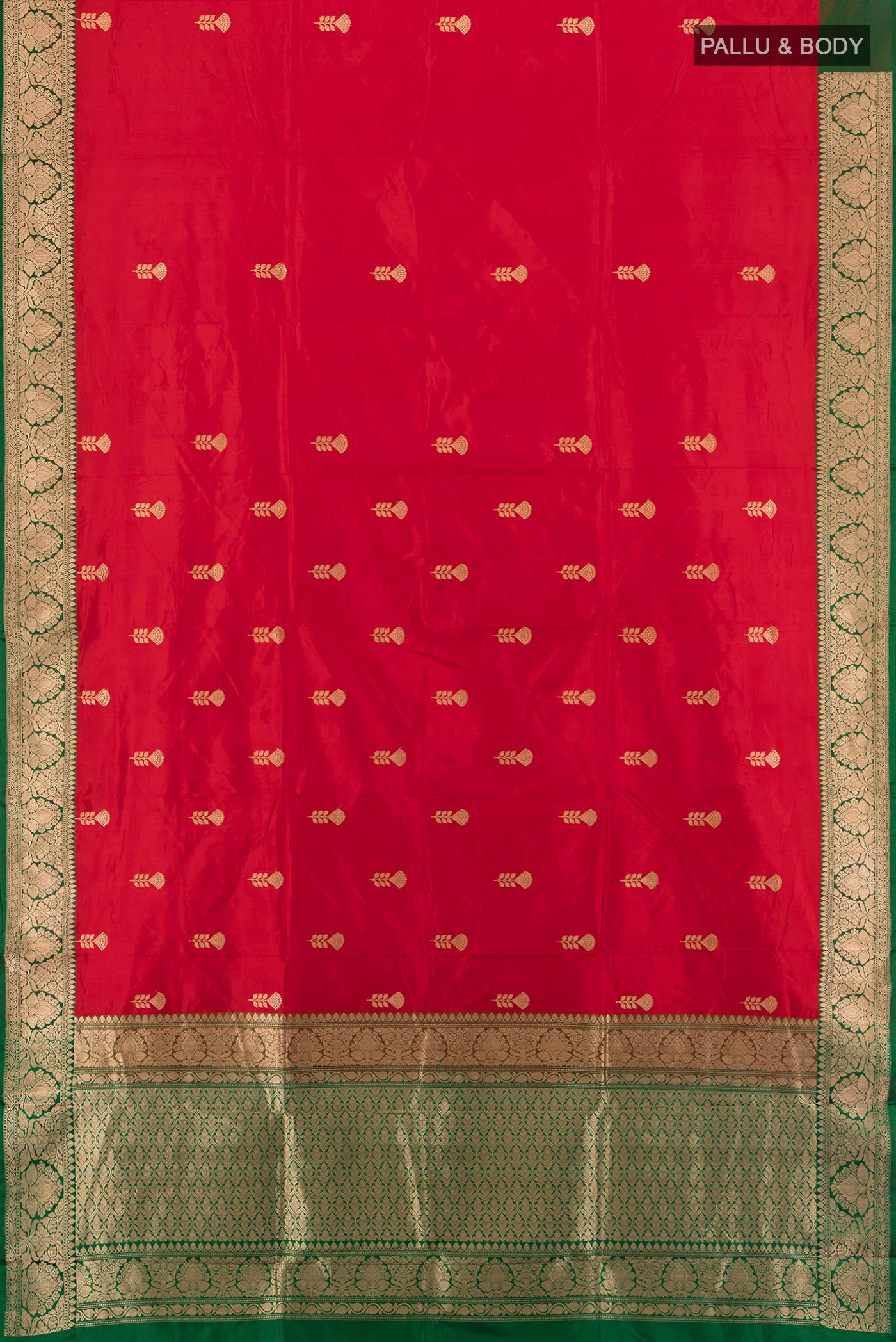 Flat view of Red Banarasi Katan Silk Saree with Zari Butta on the body and Zari Border. 