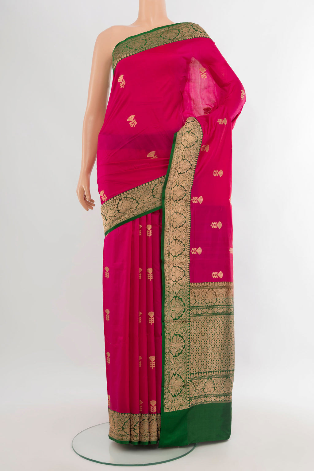 Dark Pink Banarasi Katan Silk Saree with Zari Butta on the body and Zari Border.  displayed on a mannequin