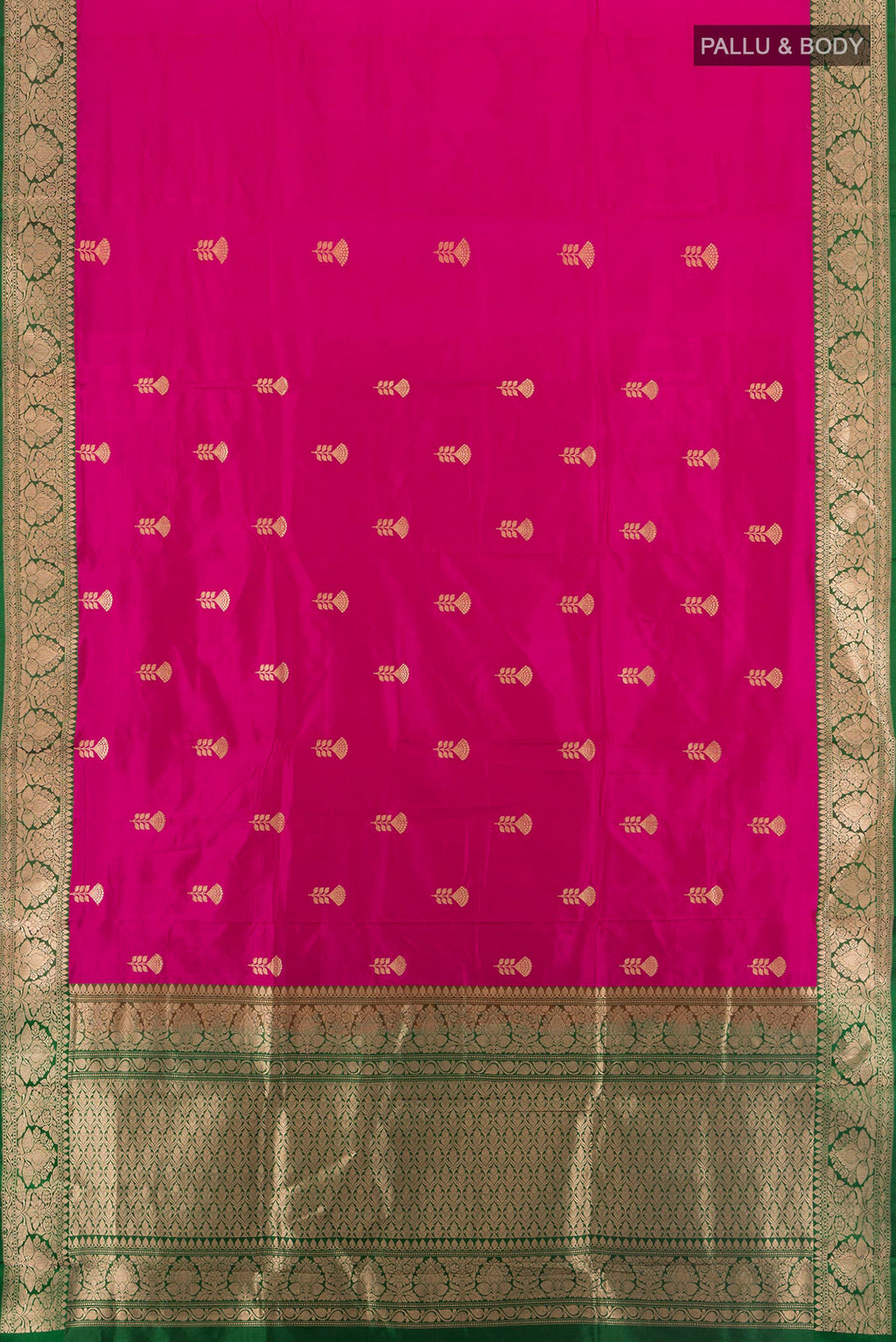 Flat view of Dark Pink Banarasi Katan Silk Saree with Zari Butta on the body and Zari Border. 