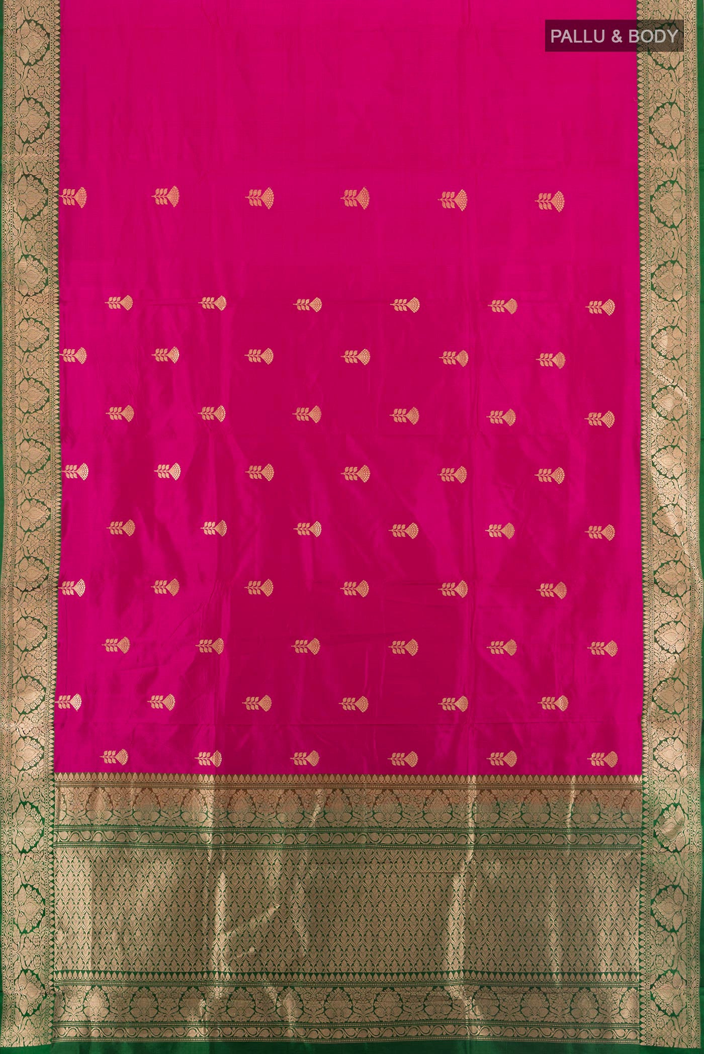 Flat view of Dark Pink Banarasi Katan Silk Saree with Zari Butta on the body and Zari Border. 
