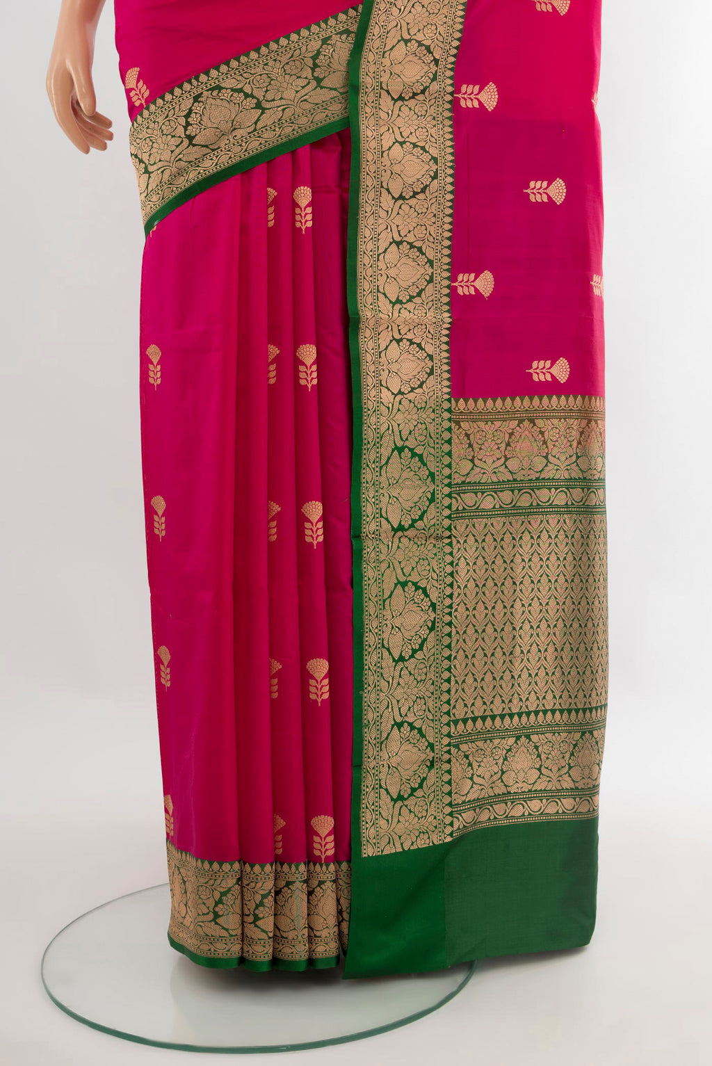 Pleats and pallu of Dark Pink Banarasi Katan Silk Saree with Zari Butta on the body and Zari Border. 