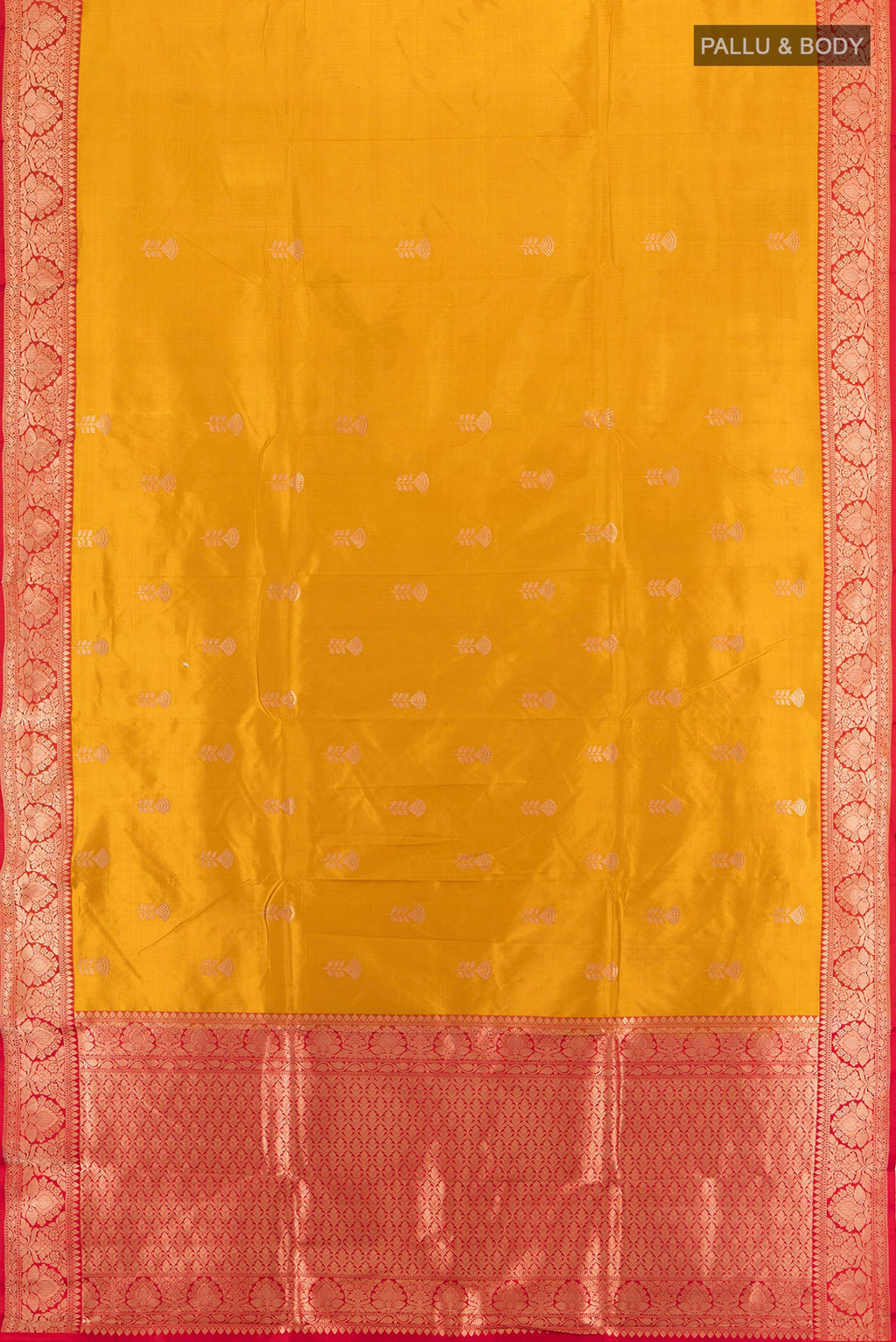Flat view of Mustard Banarasi Katan Silk Saree with Zari Butta on the body and Zari Border. 