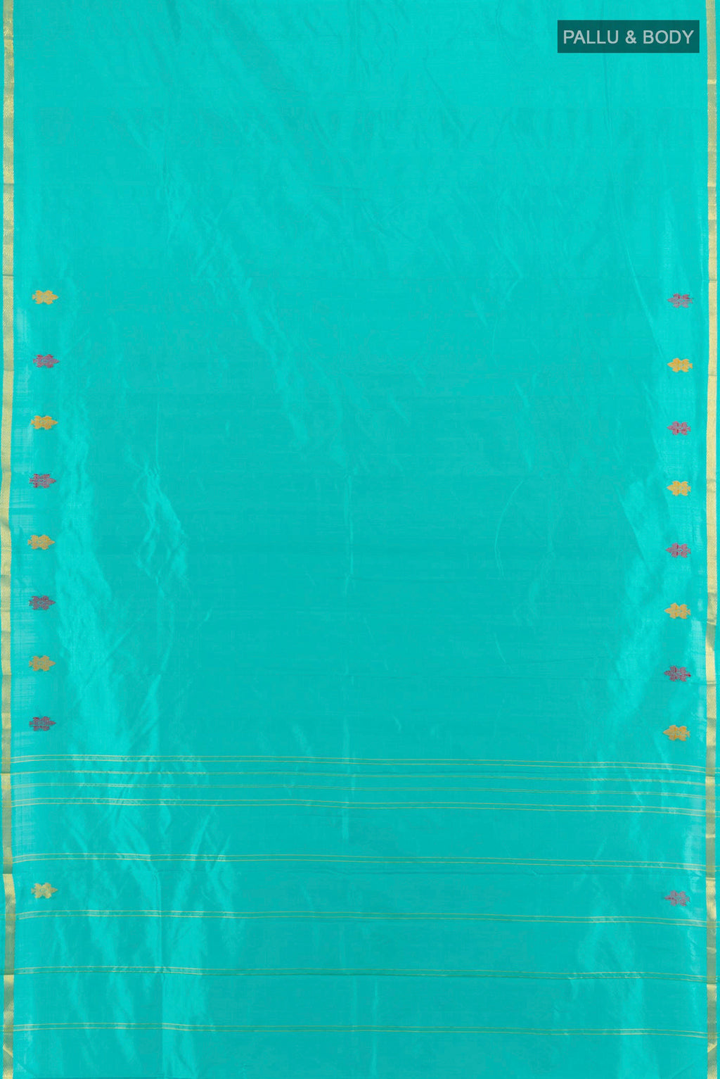 Flat view of Sky Blue Kanchipuram Silk Saree with Plain Body and Zari Border. 