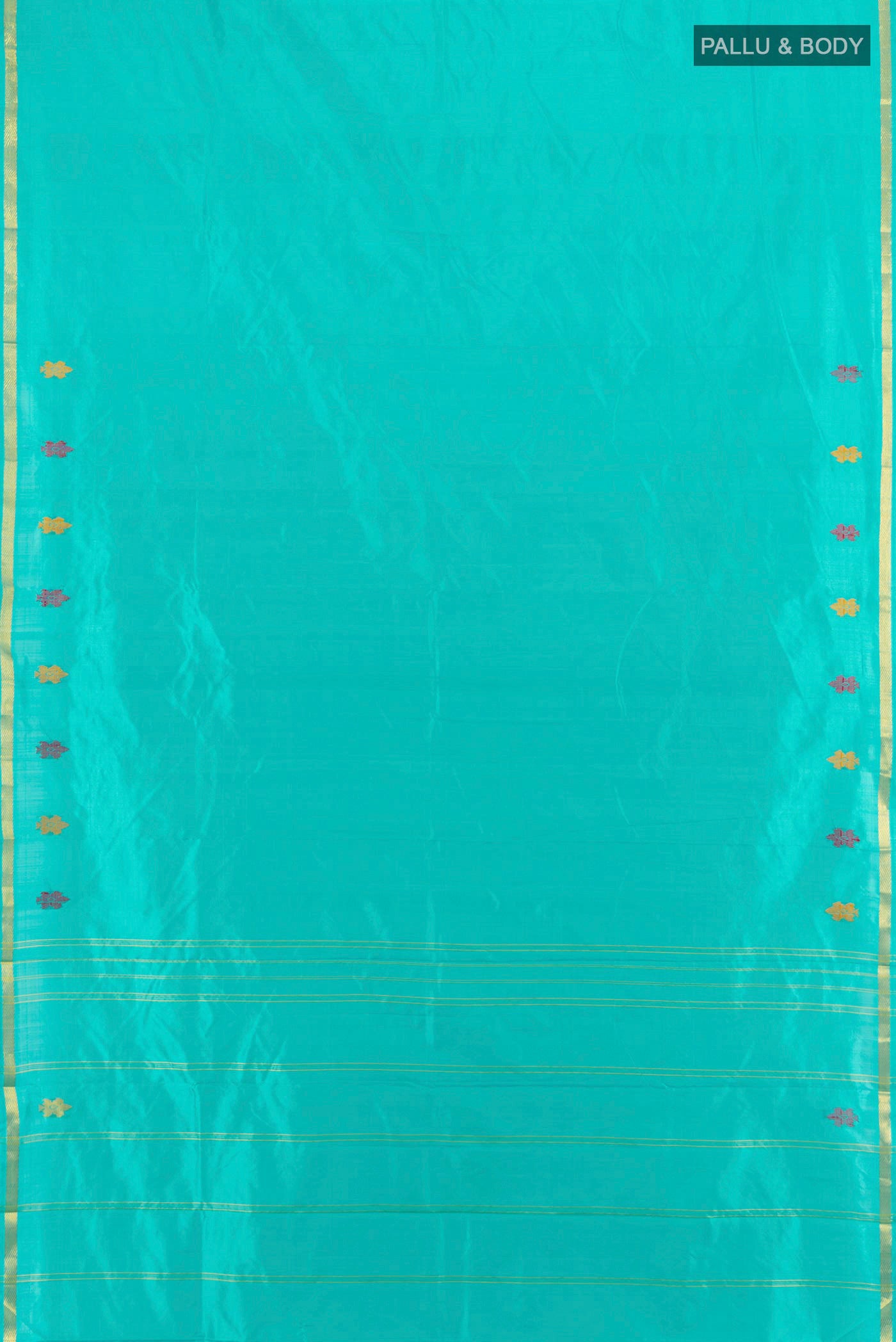 Flat view of Sky Blue Kanchipuram Silk Saree with Plain Body and Zari Border. 