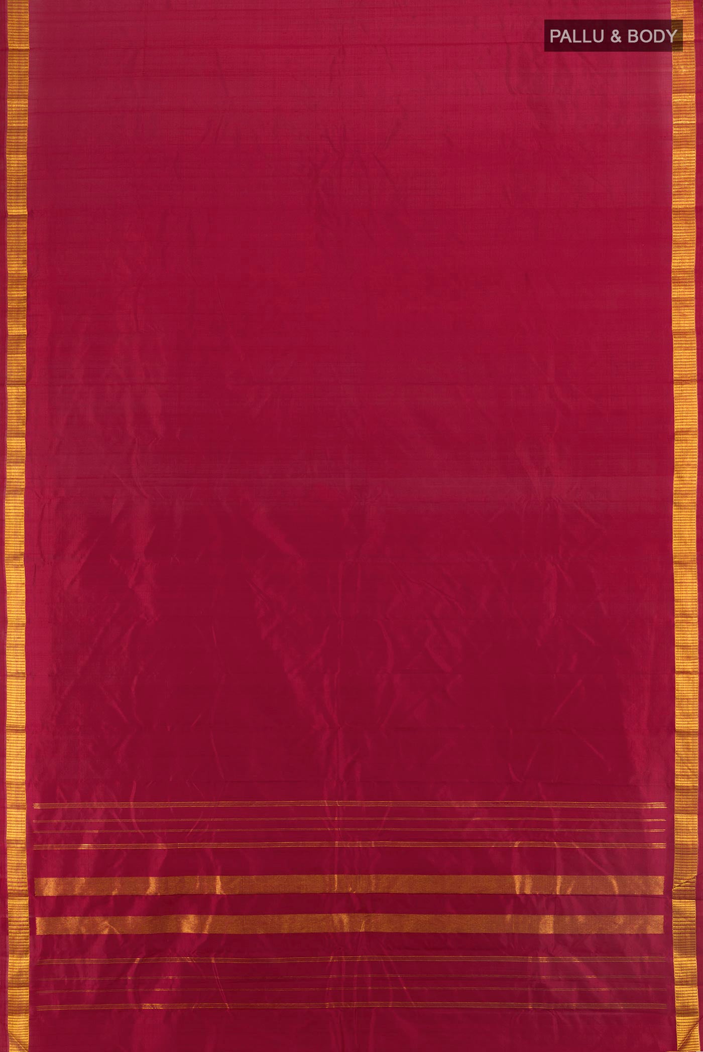 Flat view of Maroon Kanchipuram Silk Saree with Plain Body and Zari Border. 