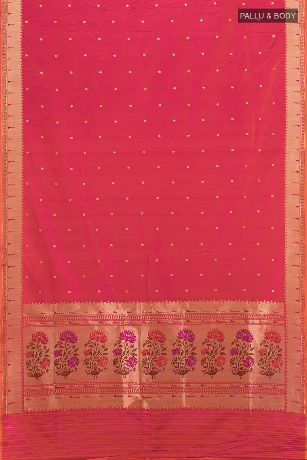 Flat view of Pink with Orange Color Banarasi Silk Saree with Zari Butta on the body and Zari Border. 