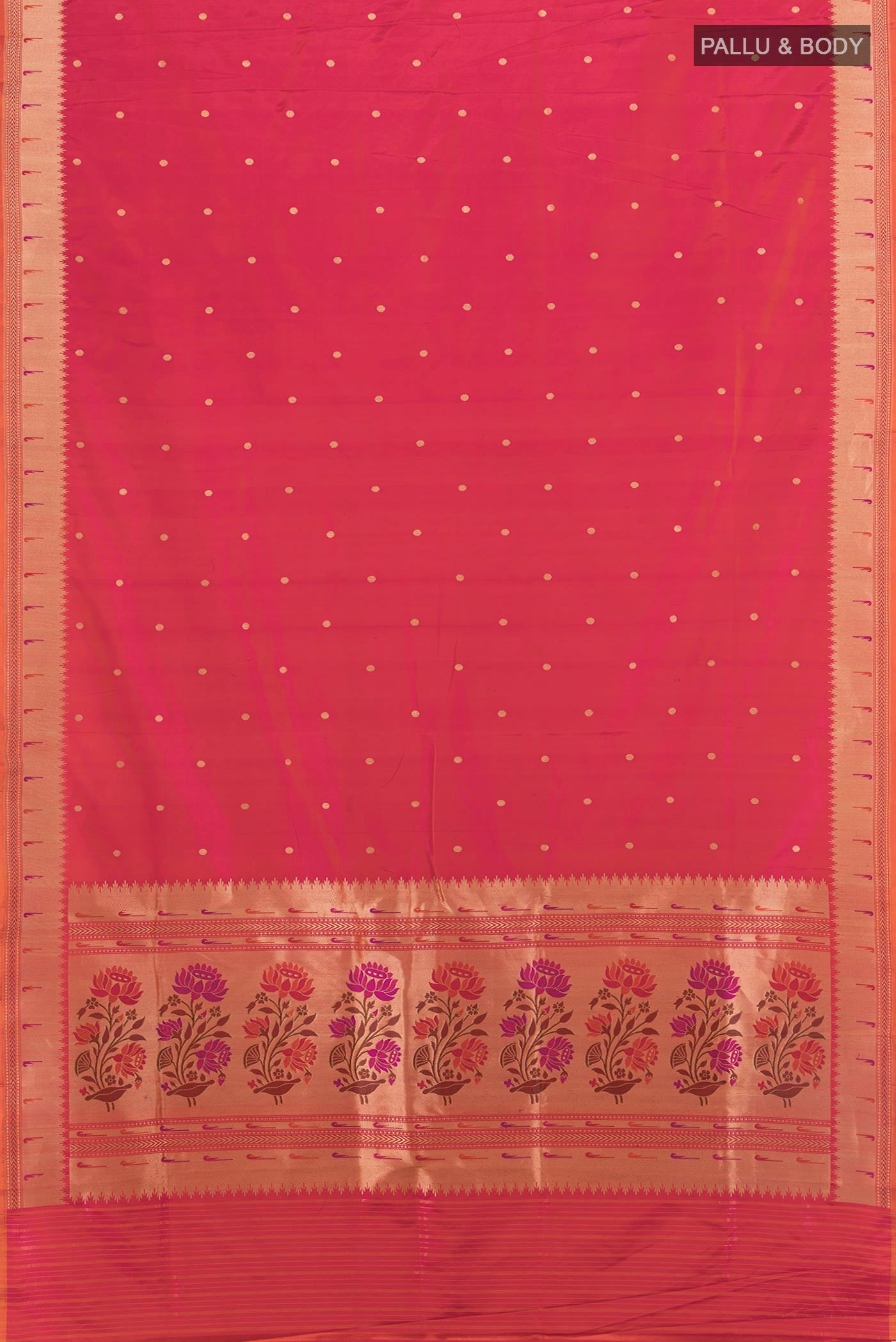 Flat view of Pink with Orange Color Banarasi Silk Saree with Zari Butta on the body and Zari Border. 